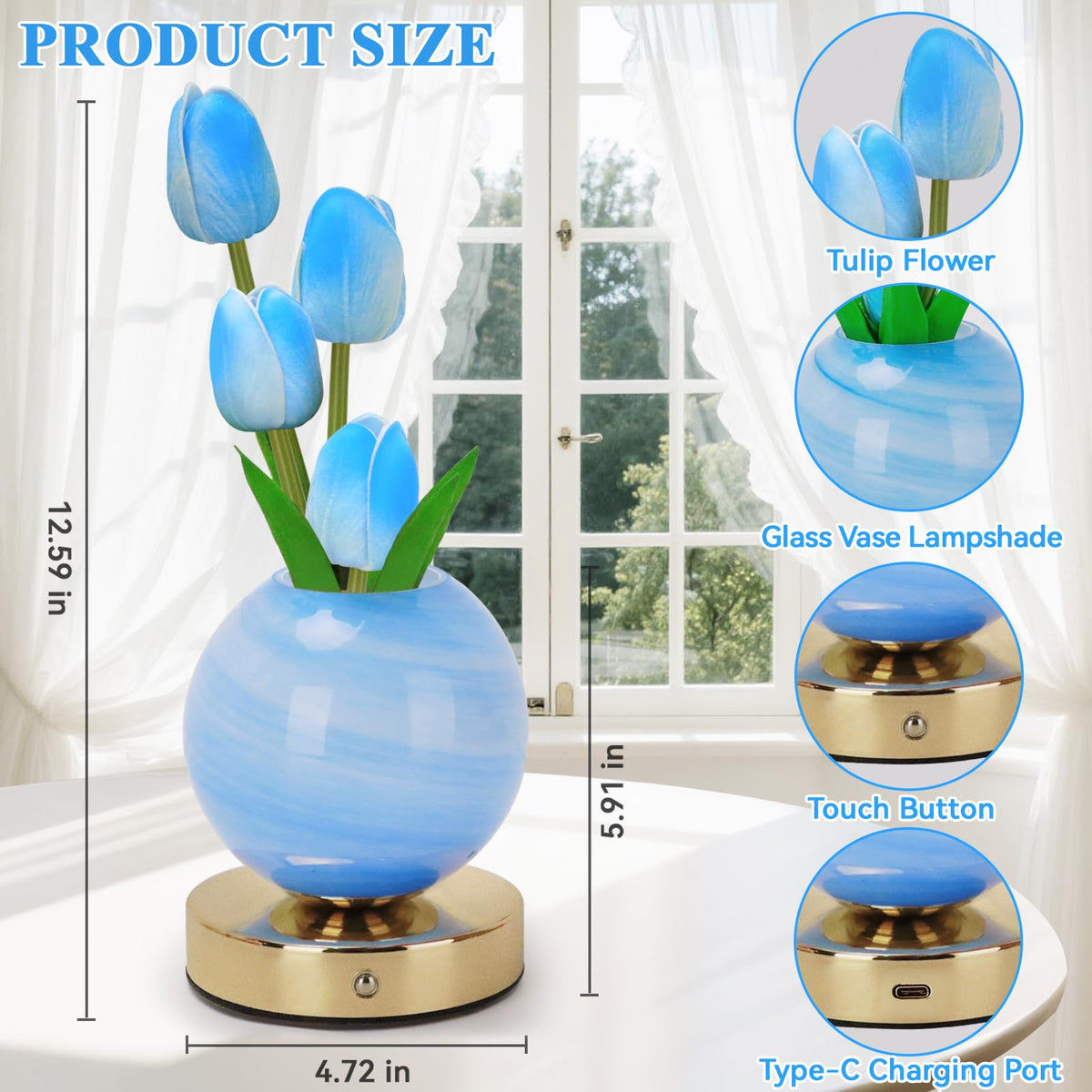 Strackvial Tulip Table Lamp, Rechargeable Cordless Touch Dimming Artificial Tulip Flower Desk Lamp, LED Flower Bedside Night Light Romantic Gifts for Girl Women Mom (Blue)