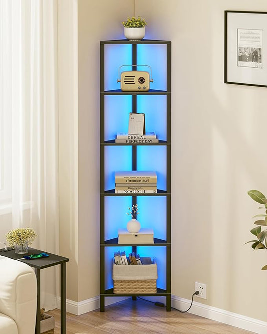 TUTOTAK Corner Shelf with LED Light, 6-Tier Corner Bookshelf