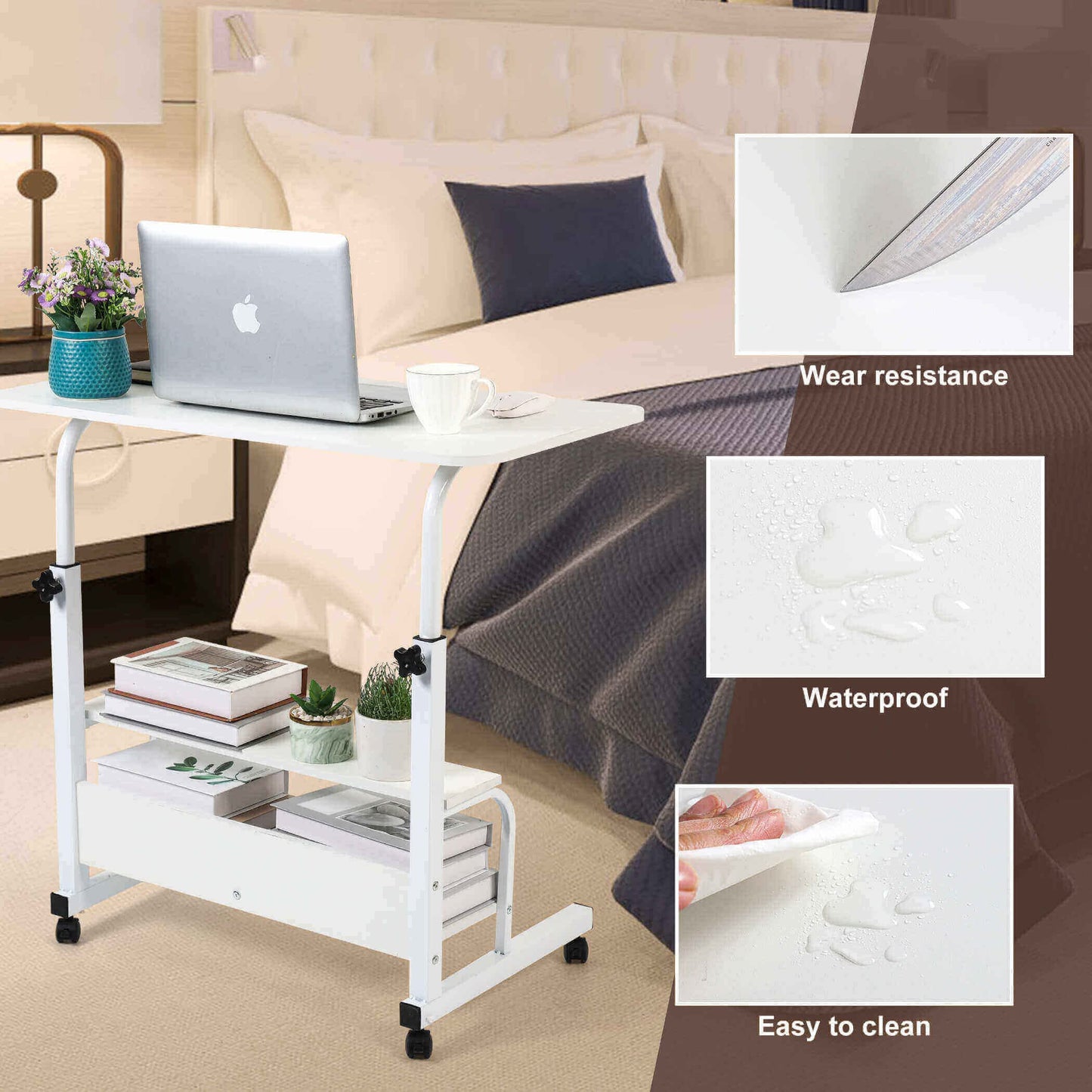 Fuwobriva Computer Desk Adjustable Home Office Bedside Small Spaces Storage Convenient Universal Movable Table Detachable Wheels Living Room Sofa Furniture Size 15.7 * 31.5 Inch,White