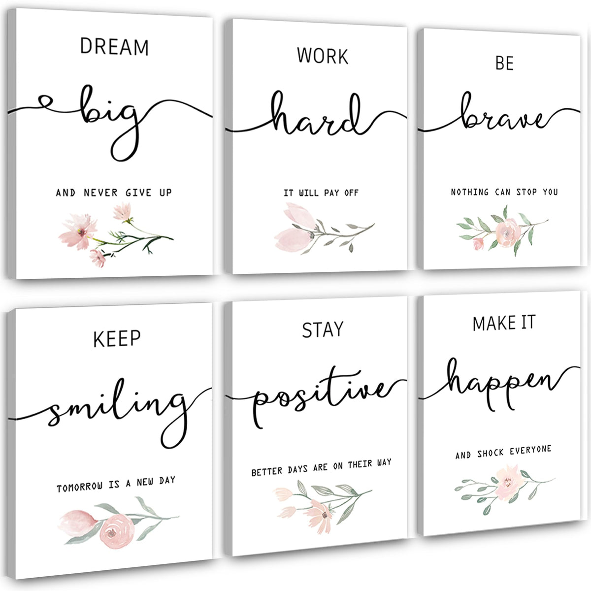 Inspirational Wall Art for Bedroom, Motivational Office Wall Art Decor, Framed Canvas Wall Art for Women, Girls, Positive Affirmations Quotes Prints, Set of 6PCS, 8"x10", FRAMED