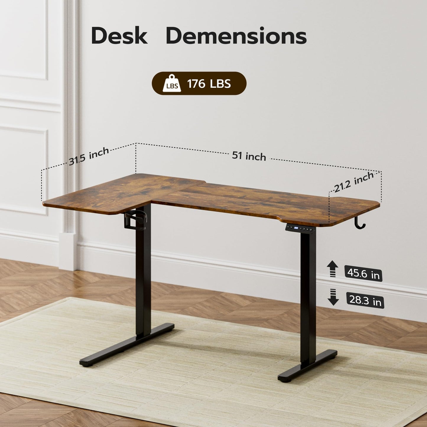 Acrolix L Shaped Electric Standing Desk - 51x31.5 Inch Reversible Corner Sit Stand Desk with Hook&Cup Holder,Electric Height Adjustable Table,for Small Home Office&Bedroom Computer Desk, Rustic Brown