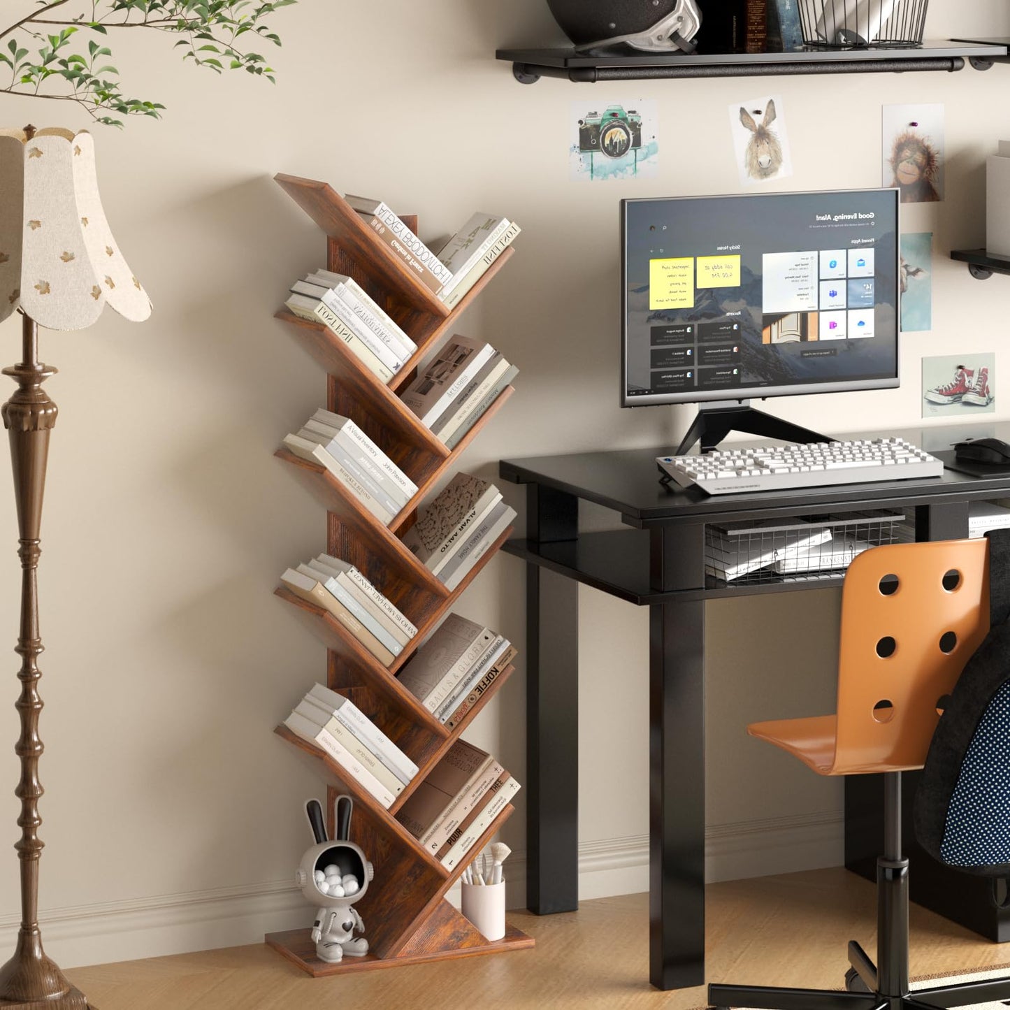 SHEEPAM 10 Tier Tree Book Shelf, Floor Standing Wood Bookshelf for Narrow Space, Storage Organizer Bookshelves for Books/CDs/Magazine, Bookcase with Shelves for Home Office, Living Room - Brown