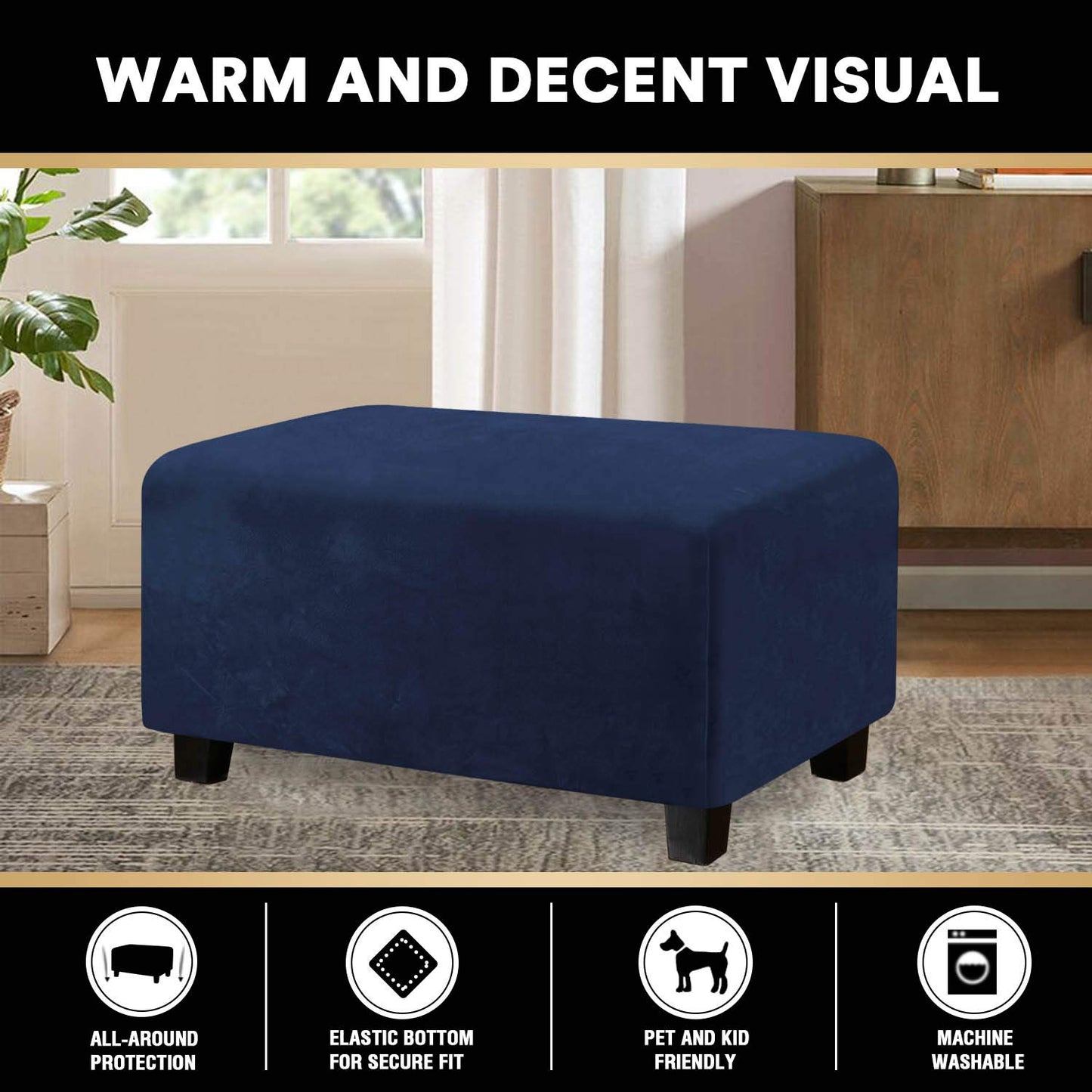 PrinceDeco Real Velvet Plush Ottoman Cover Soft Rectangle Folding Storage Covers Furniture Protector Removable Footstool Protect Footrest Covers Elastic Bottom(Large, Navy)