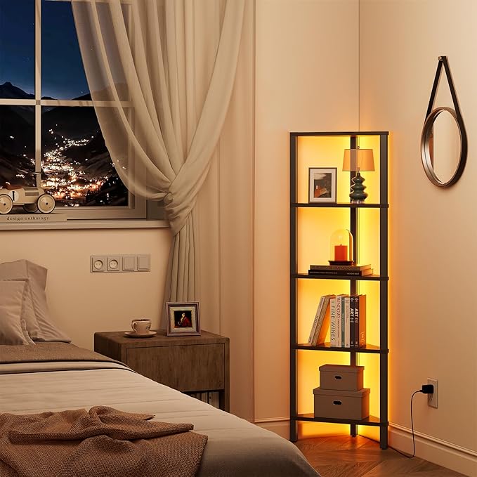 TUTOTAK Corner Shelf with LED Light, 5-Tier Corner Bookshelf