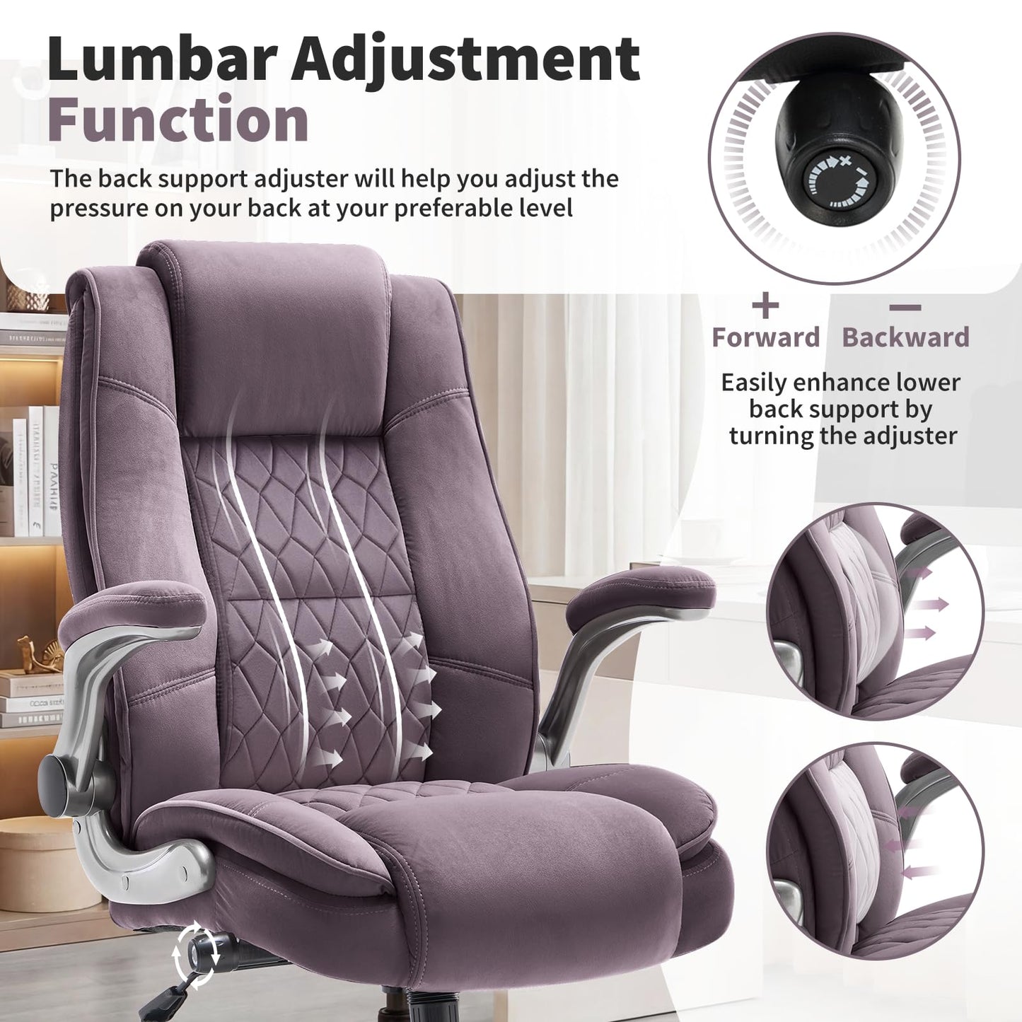 Fabric High Back Office Chair with Lockable Quiet Casters, Ergonomic Adjustable Lumbar Support & Flip-Up Arms, Reinforced Metal Base, Executive Desk Chair for All-Day Comfort, 400LBS Capacity