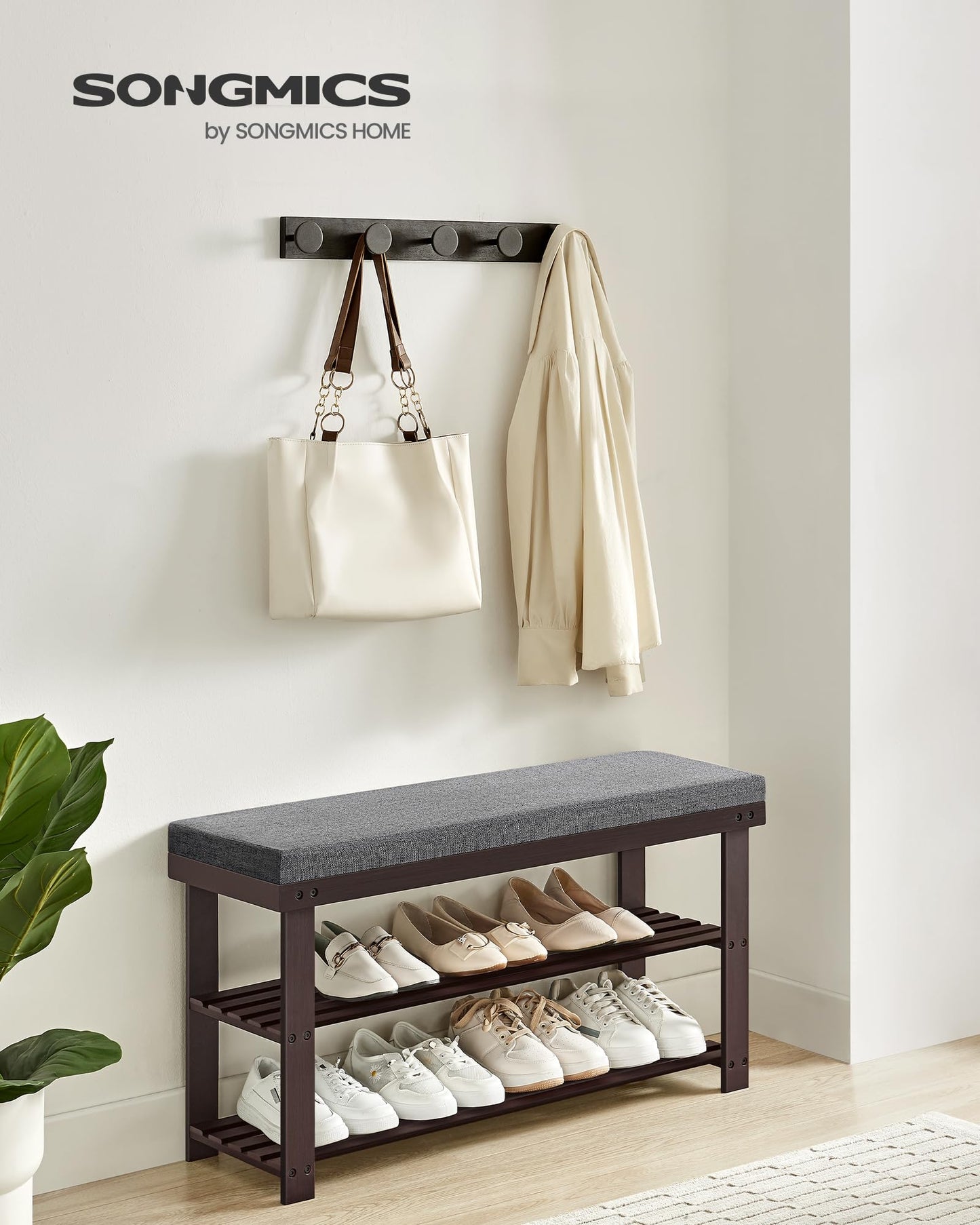 SONGMICS Bamboo Shoe Bench, 3-Tier Shoe Rack Organizer for Entryway, Living Room, Bench Seat Holds Up to 300 lb, 11.9 x 35.4 x 19.2 Inches, Rustic Walnut and Slate Gray ULBS904B32