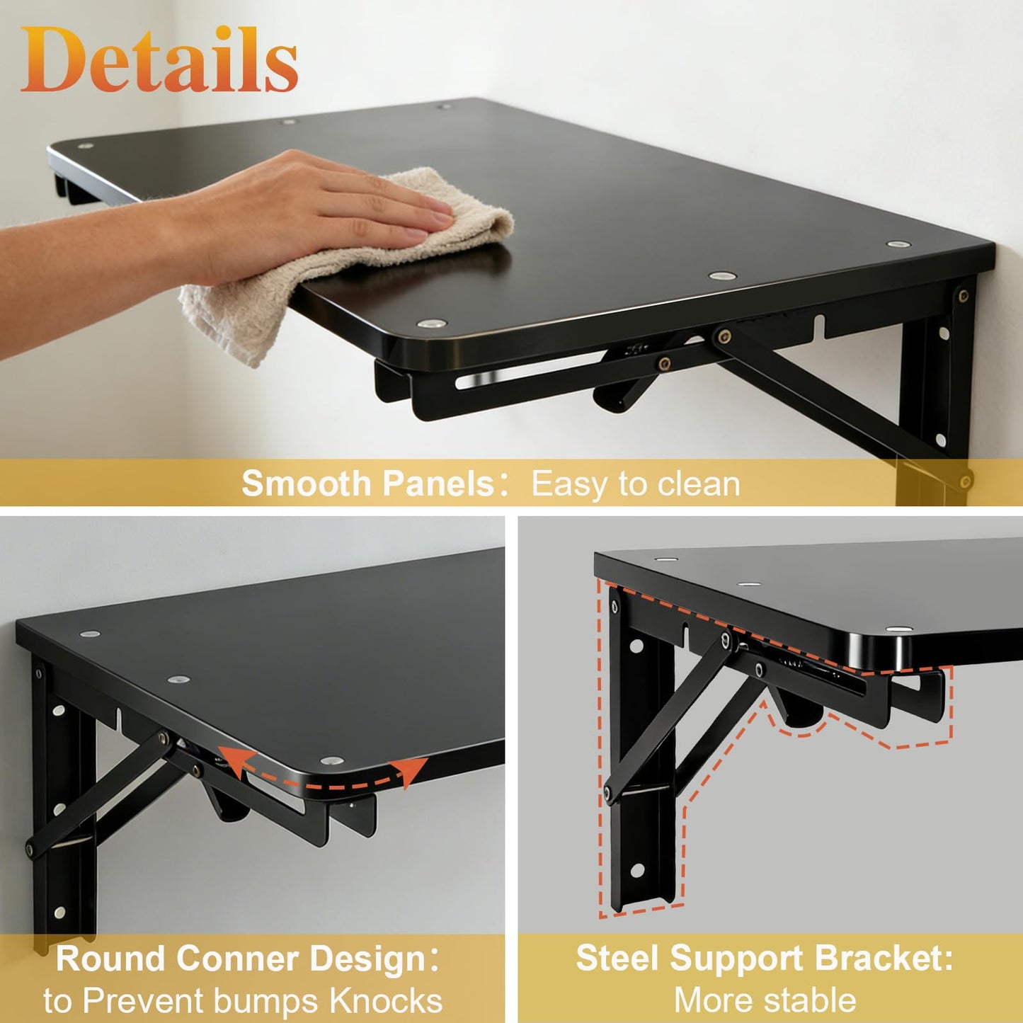 IDUNSEED Folding Shelf Wall Mounted for Small Space, Black Wall Table for Living Room Bedroom Decor, Home Office Floating Fold Down Desk, Media Shelves with Heavy, 16.5"*11.8"
