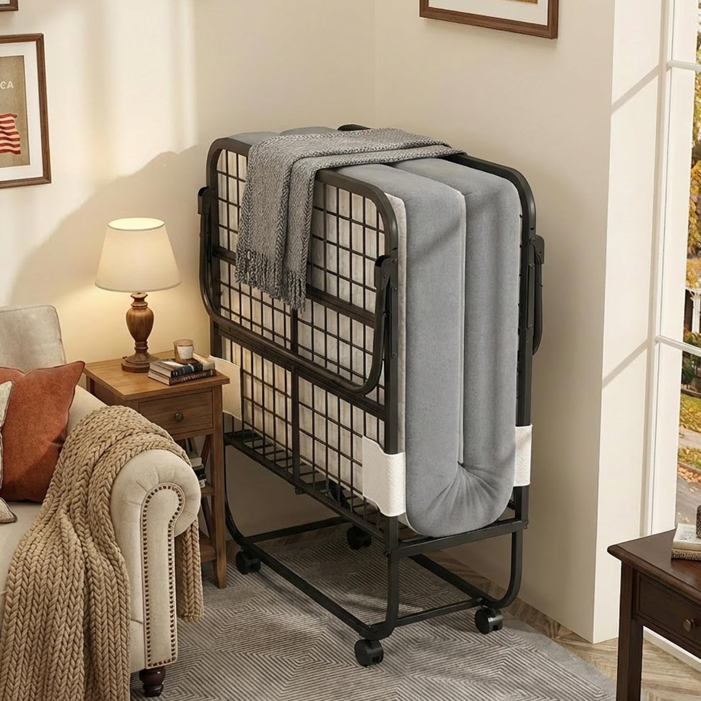 Karcog Rollaway Bed with Mattress for Adults, Folding Bed with Memory Foam Mattress and Sturdy Metal Frame, Cot Size Portable Guest Bed on Wheels with Storage Cover, 75” x 31”