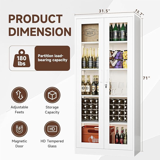 PEUKC Display Cabinet with Glass Doors, 71 Inches Metal Display Case with 4