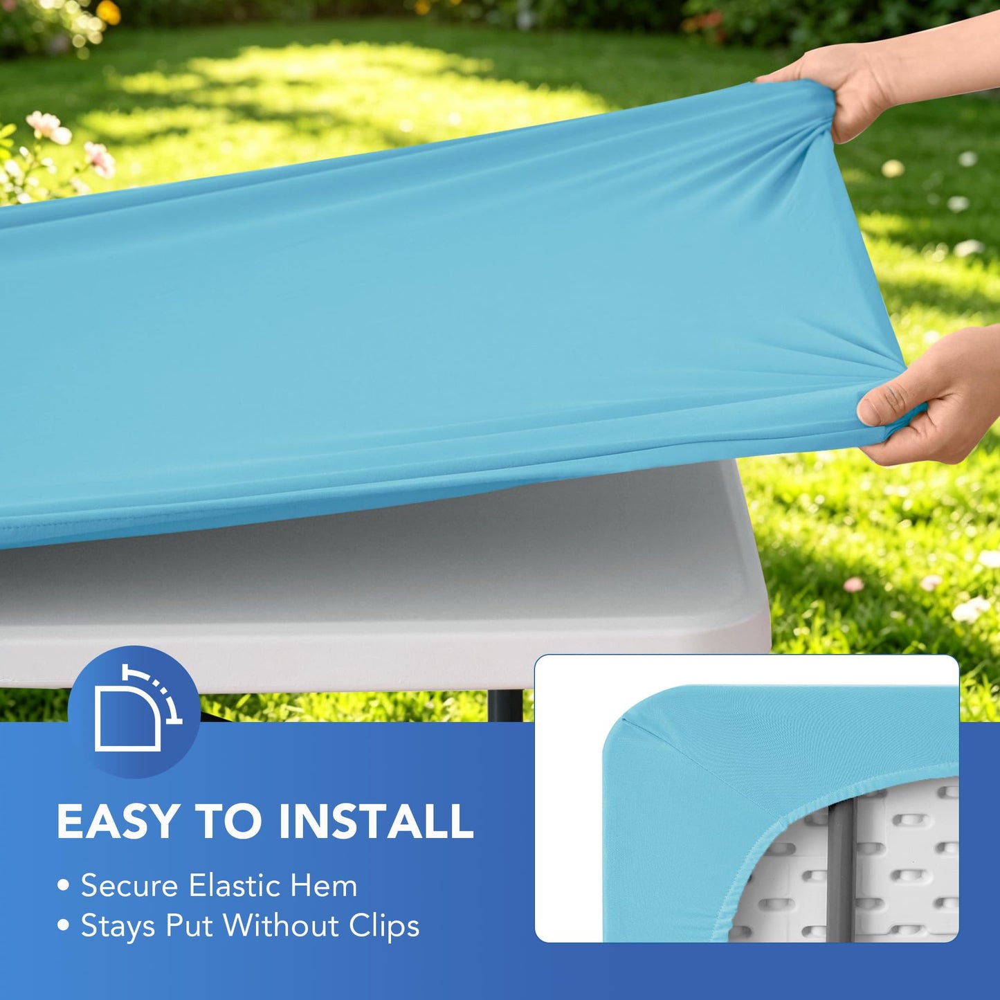 Enjoyidea Square Fitted Tablecloth 34x34 Inch-2 Pack Light Blue Card Elastic Spandex Table Cover-Small Stretch Folding Table Cloths Topper Cap for Kitchen Dining Picnic Patio Outdoor Party Tables