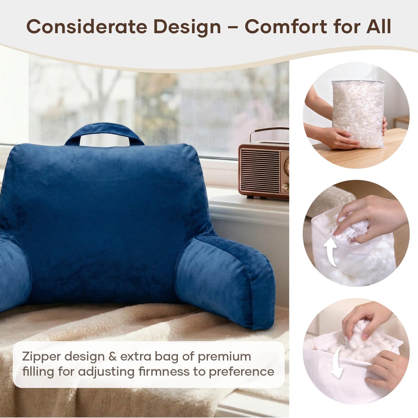 NOONTIDE Reading Pillow for Sitting up in Bed and Couch,Large Back Pillow for Adult & Teens with Soft Adjustable Neck Roll Backrest Pillow,Washable Cover,Watching TV/Gaming/Relaxing(Blue)