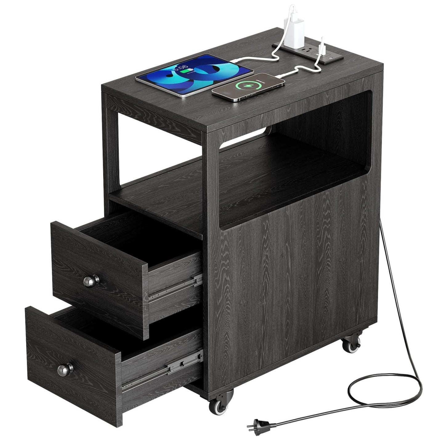 Narrow End Table with Charging Station and Wheels, Movable Narrow Sofa Side Table with USB Ports and Outlets for Small Space, Living Room, Bedroom and Office, Bedside with 4 Wheels (Black)