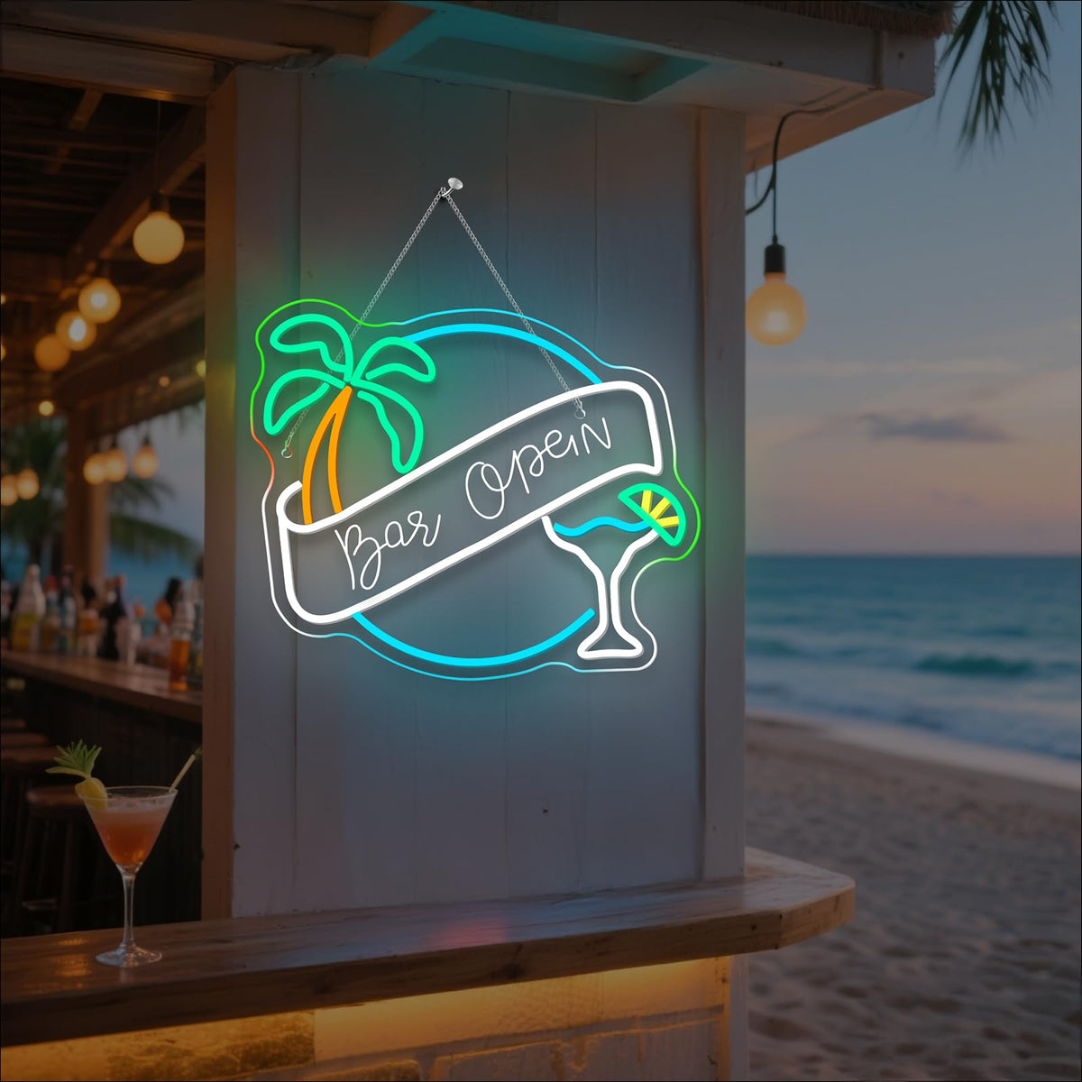 WX&YH Bar Open Neon Sign Cocktail Coconut Tree Led Light Open Signs for Business Bar Decorations for Home Pub Party Club Beer Bar Lights Man Cave Coffee Stores Restaurant Palm Decor Gifts