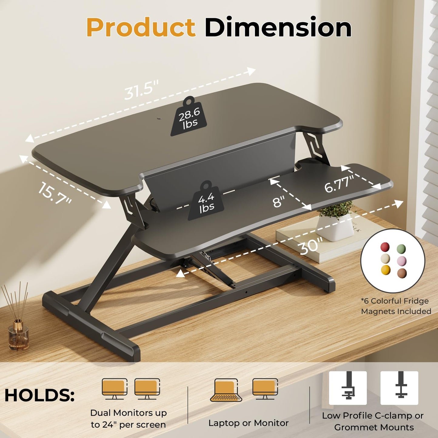 JOY worker Standing Desk Converter, 32" Height Adjustable Sit Stand Up Desk Riser with Keyboard Tray & 6 Fridge Magnets, Desktop Workstation Riser for Home Office Computer Laptop, Black