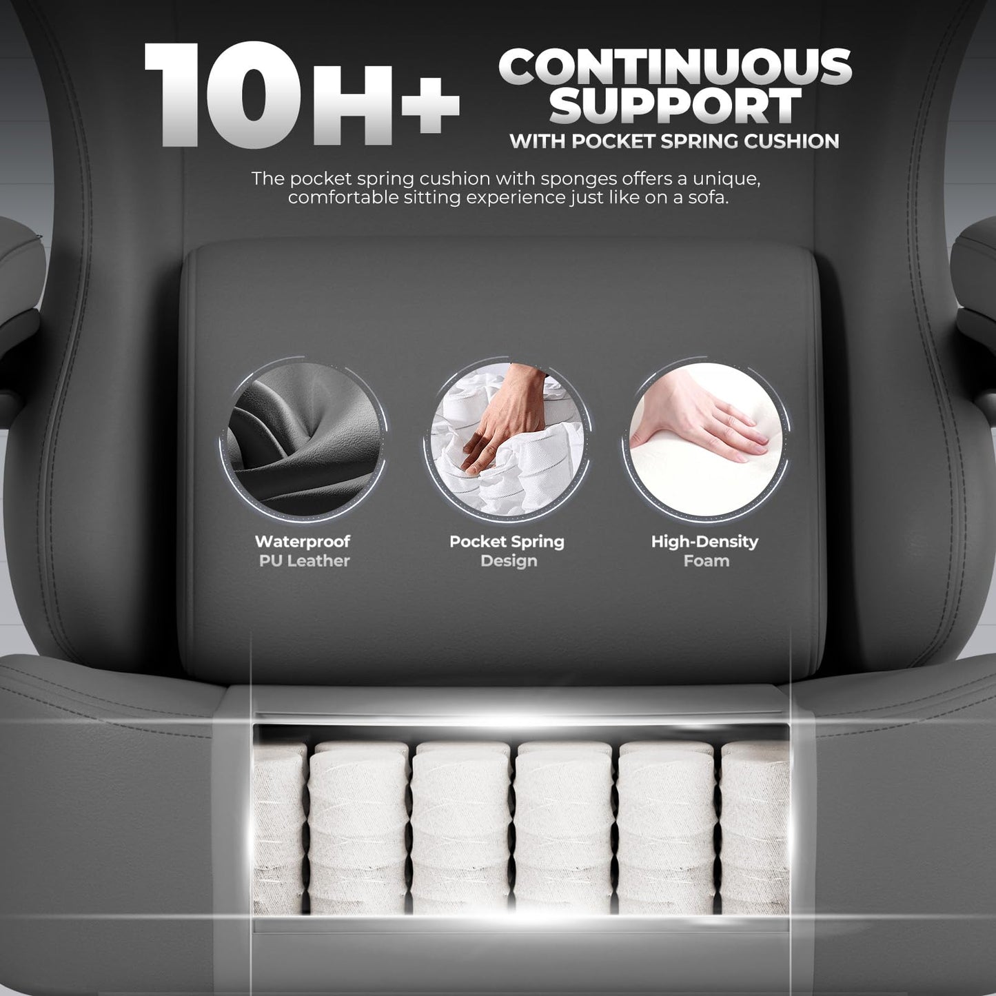 GTPLAYER Gaming Chair with Pocket Spring Cushion, Big and Tall Gamings Chairs 350LBS High Back Computer Chair with Footrest for Adults Lumbar Support Swivel Game Chair for Office, Leather Grey