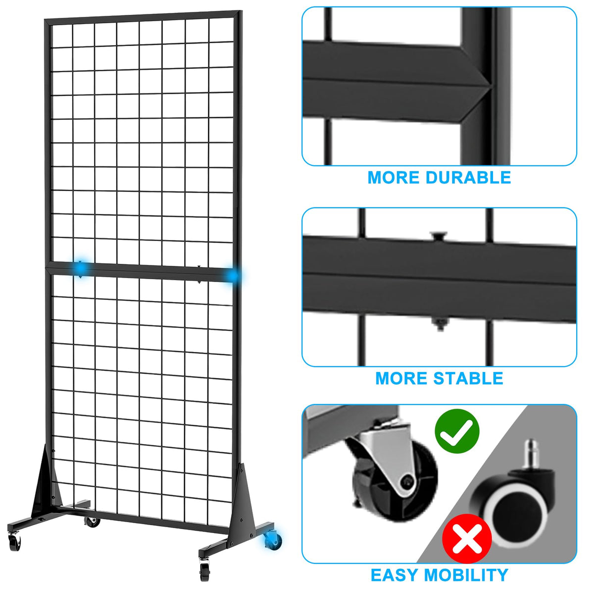 QKOSMTL 2-Pack Gridwall Panel Display Stand, 2'x5.5' Heavy Duty Floor Standing Rack with Detachable Girdwall, Movable Silent Wheel, Easy to Transport, Ideal for Retail & Craft Fairs