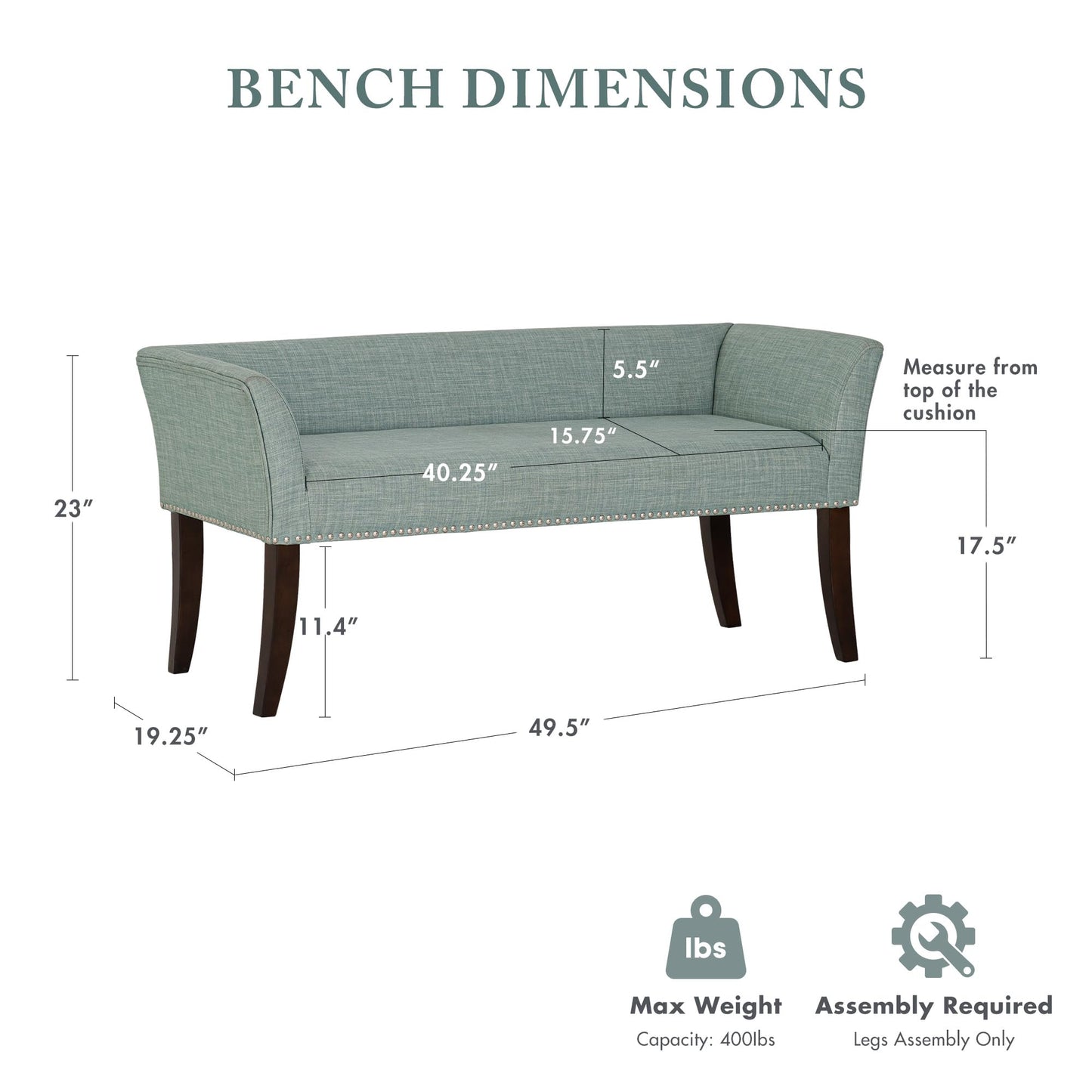 Madison Park Accent Bench for Living Room, Upholstered with Nailhead Trim, & Padded Seat Entryway Bench Small, End of Bed Bench with Back, 49.5" W x 19.25" D x 23" H, Light Blue
