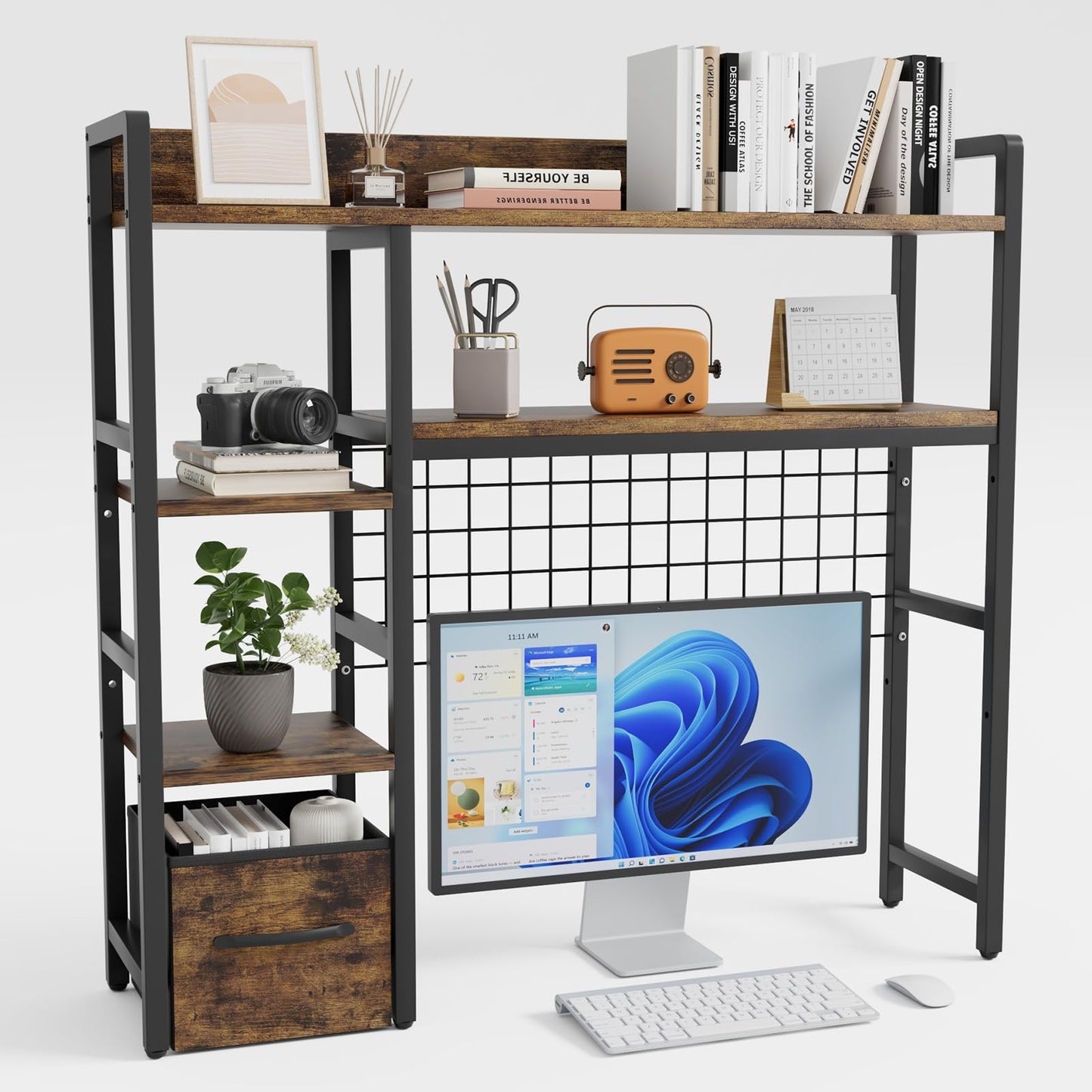 Rifoer Desk Hutch for Computer Monitor, 38.6" Over Desk Shelf with Grid Panel & Woven Drawer, 4-Tier Sturdy Metal and Wood Tabletop Storage Rack for College Dorm, Home Office, Rustic Brown