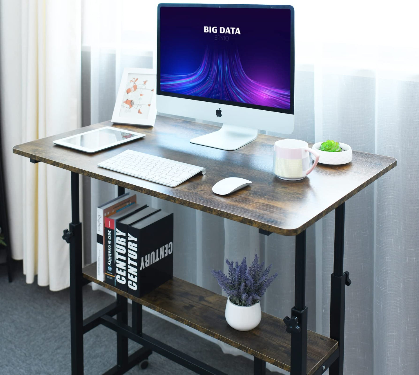 AIZ Mobile Standing Desk, Adjustable Computer Desk Rolling Laptop Cart on Wheels Home Office Computer Workstation, Portable Laptop Stand Tall Table for Standing or Sitting, 39.4" x 23.6"