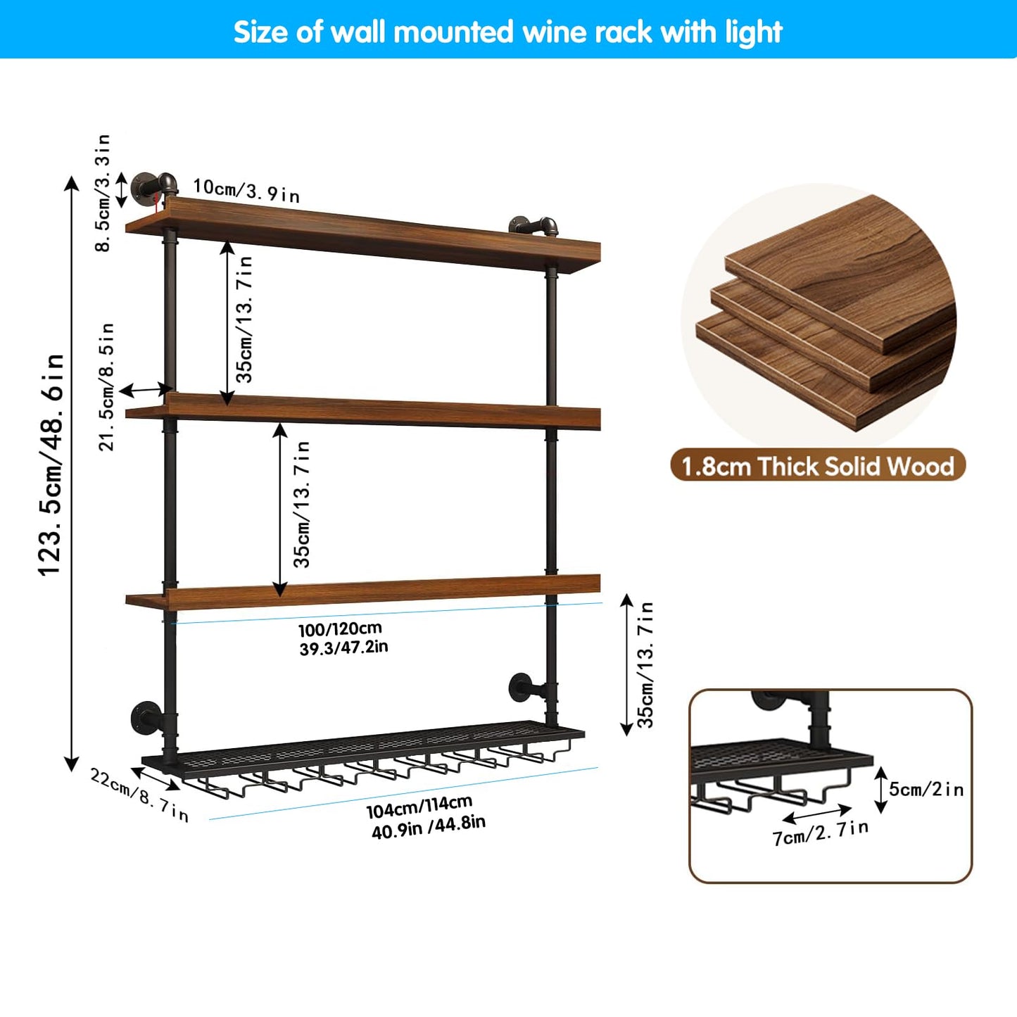 VITNSVILE Wall Mounted Wine Rack with LED Light, 4 Tiers Large Wine Rack with Wine Glass Holder. lron & Wood Liquor Bottles Floating Shelves Display Storage for Bar, Kitchen, Cafe (Walnut, 80cm/32in)