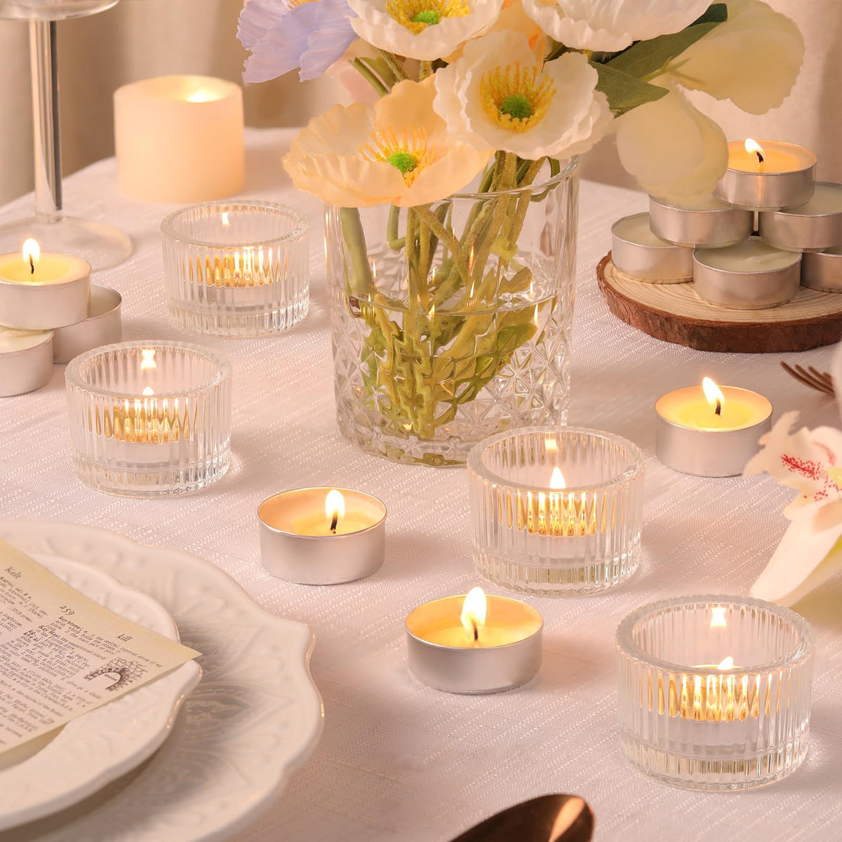 HAVITI 36 Pcs Clear Tealight Candle Holders with 36PCS Tea Lights Candles, Glass Votive Candle Holders Set for Table Centerpiece, Home Decor and Party Supplies