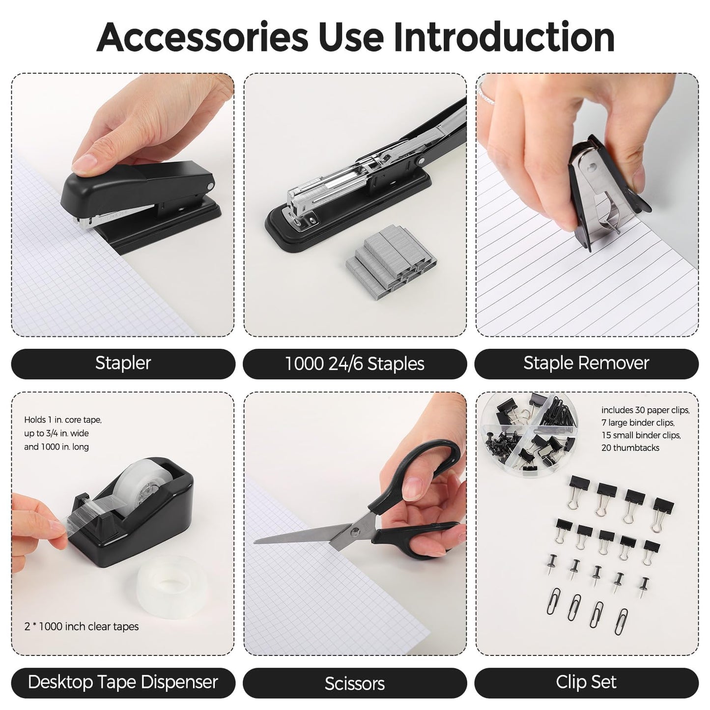 SKYDUE Black Office Supplies Set, Black Desk Accessories, Stapler, Tape Dispenser, Scissors, Binder/Paper Clips and 1000pcs Staples, Desk Supplies Set