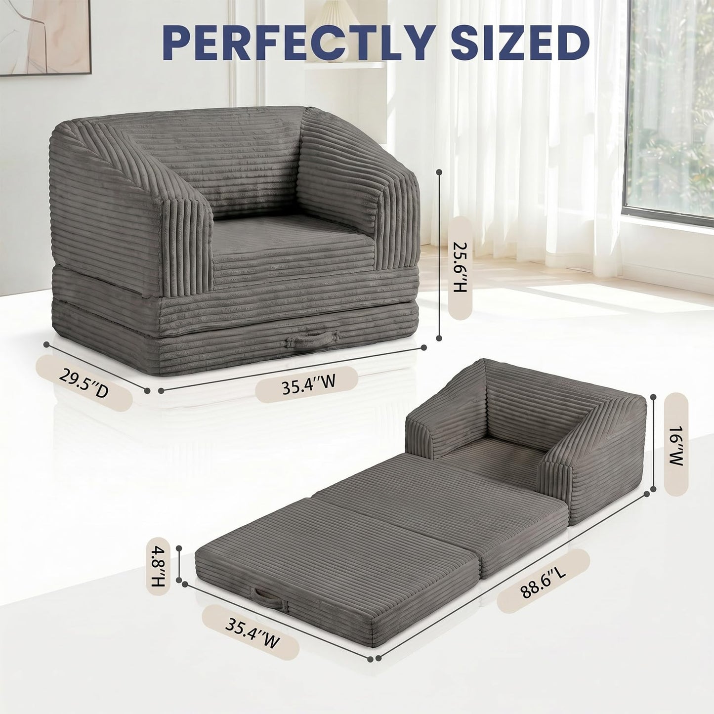 AOLVDOW Convertible Folding Sofa Bed, 2-in-1 Single Boneless Sofa with Soft Corduroy & Ultra-Thick Backrest, Foldable Boneless Chair Lounger Sleeper Sofa for Small Apartment, Living Room, Home Office