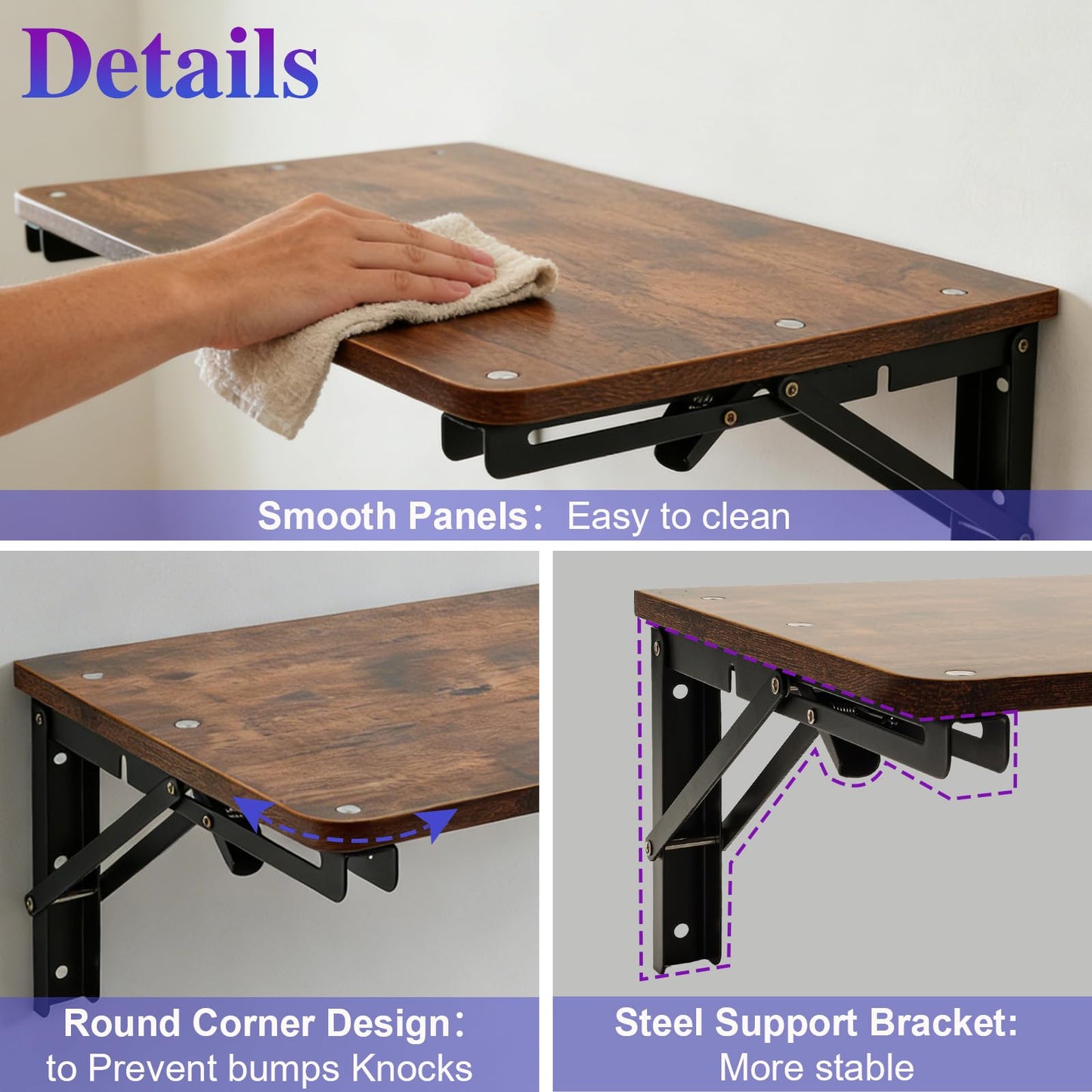 Wooden Folding Shelf Wall Mounted for Small Space, Wall Table for Living Room Bedroom Decor, Home Office Floating Fold Down Desk, Media Shelves with Heavy-Duty Brackets Holds Up to 30lbs, 16.5"*11.8"
