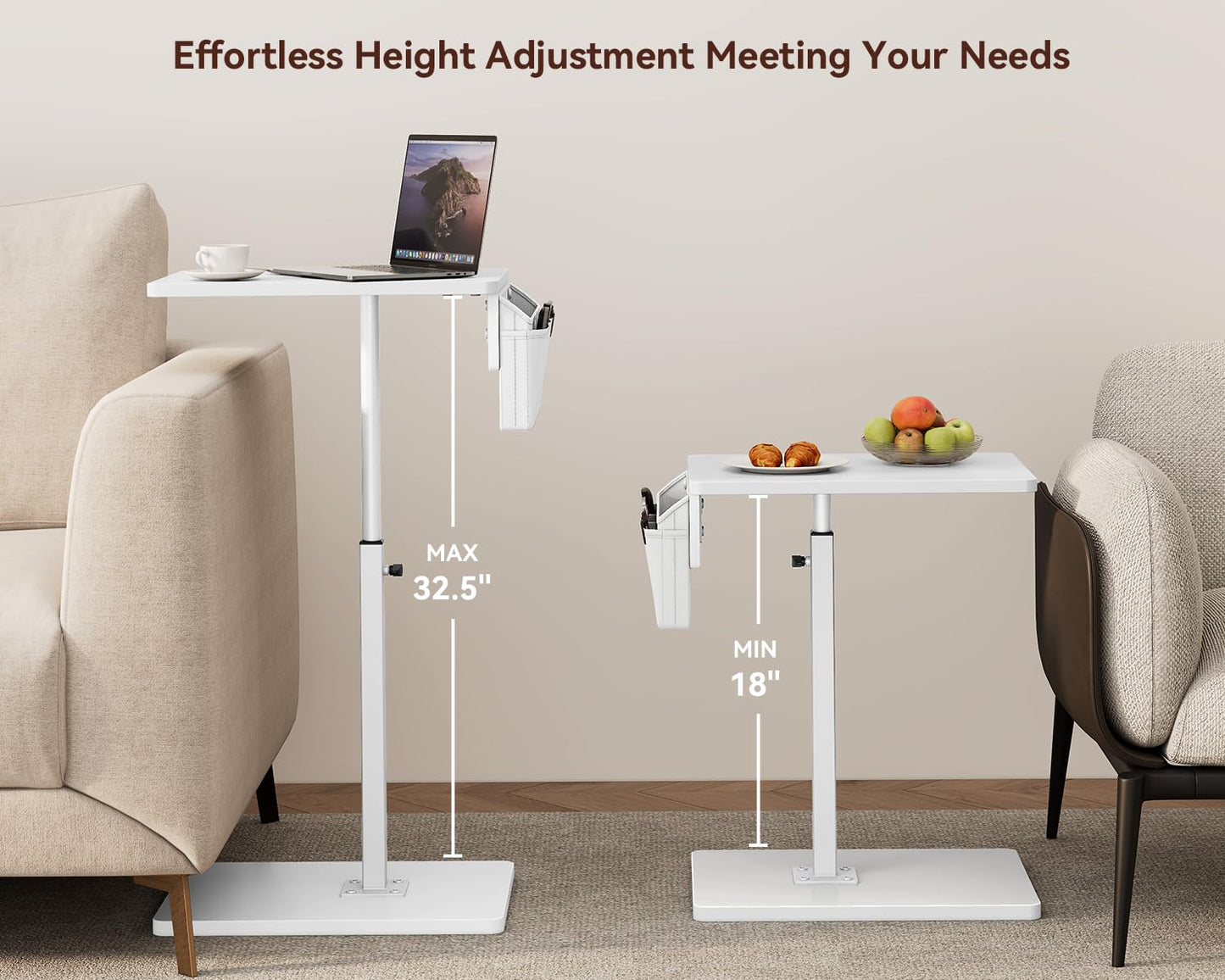 Vagusicc Sofa Armrest Tray Table for Couch, 360° Swivel Height Adjustable TV Tray Table for Small Spaces, Snack Side Table for Couch, Bed, Chair, C Shaped End Side Table for Eating, Reading, Laptop