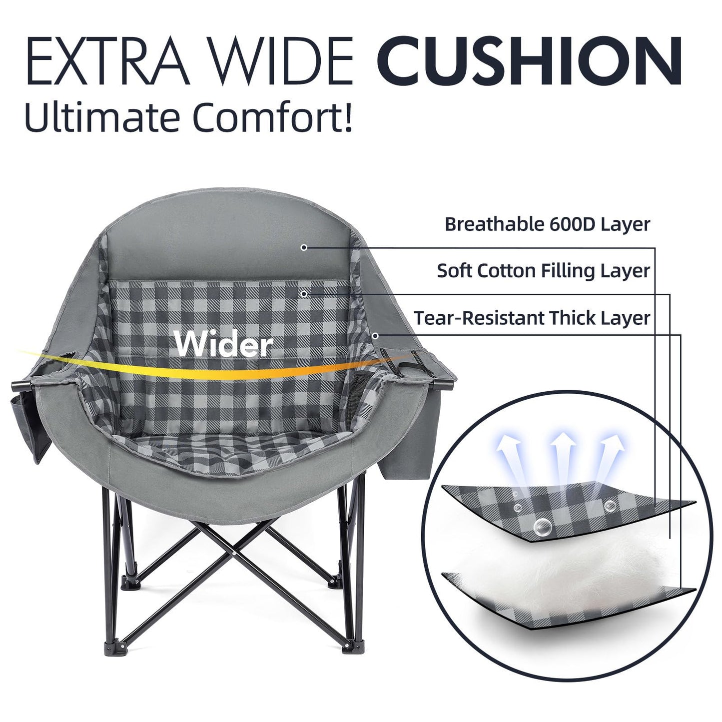 Oversized Camping Chair for Adults - Heavy Duty Outdoor Padded Large Lawn Camp Chair with Cup Holder Cooler Pockets for Sports Beach Fishing Garden Portable Supports 500lbs, Grey 2 Pack