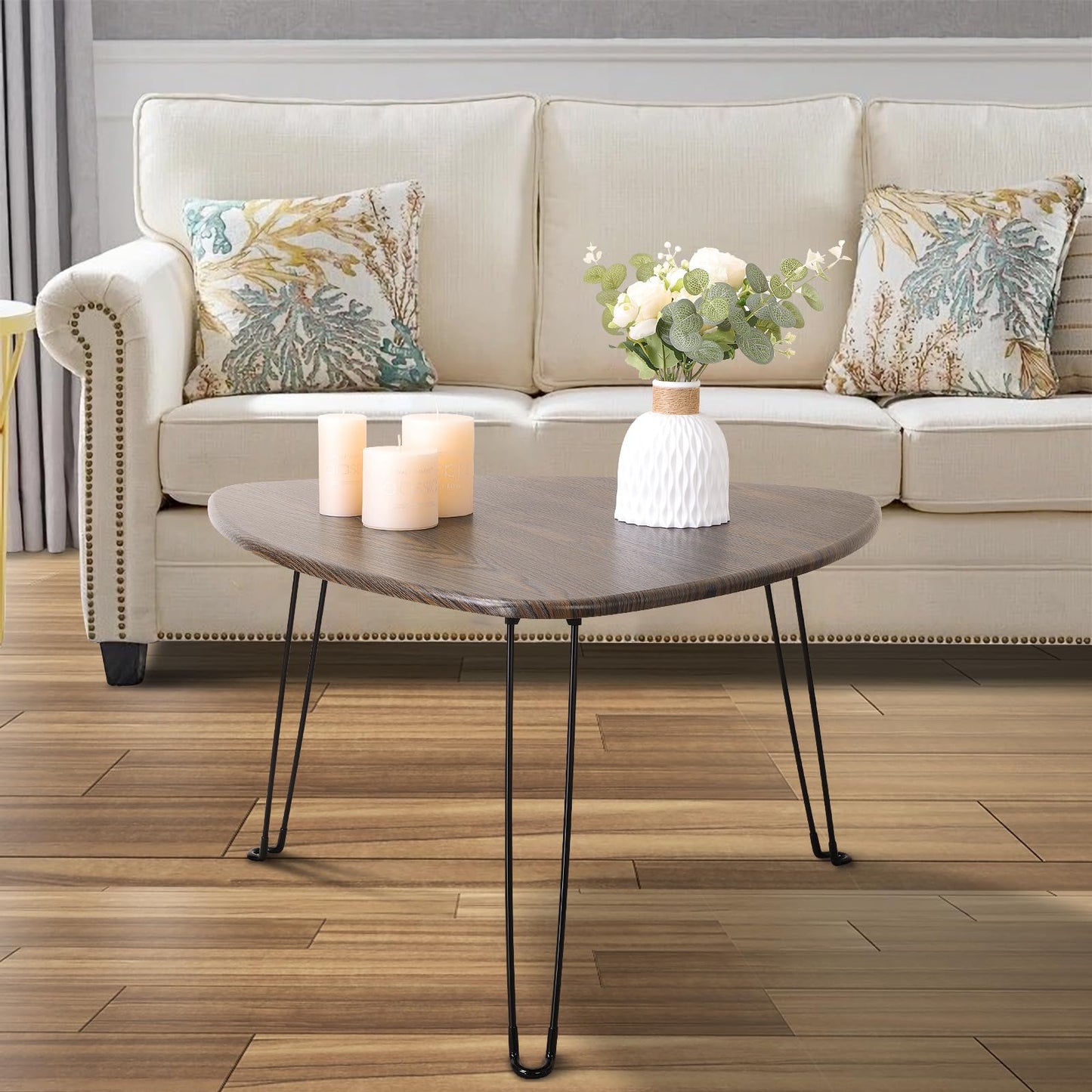 FEUFOAM Folding Coffee Tables for Small Spaces Foldable Industrial Sofa Center Table Triangle Design Wood Framed Coffee Table Mid Century Rustic Brown Floor Desk for Living Room Balcony