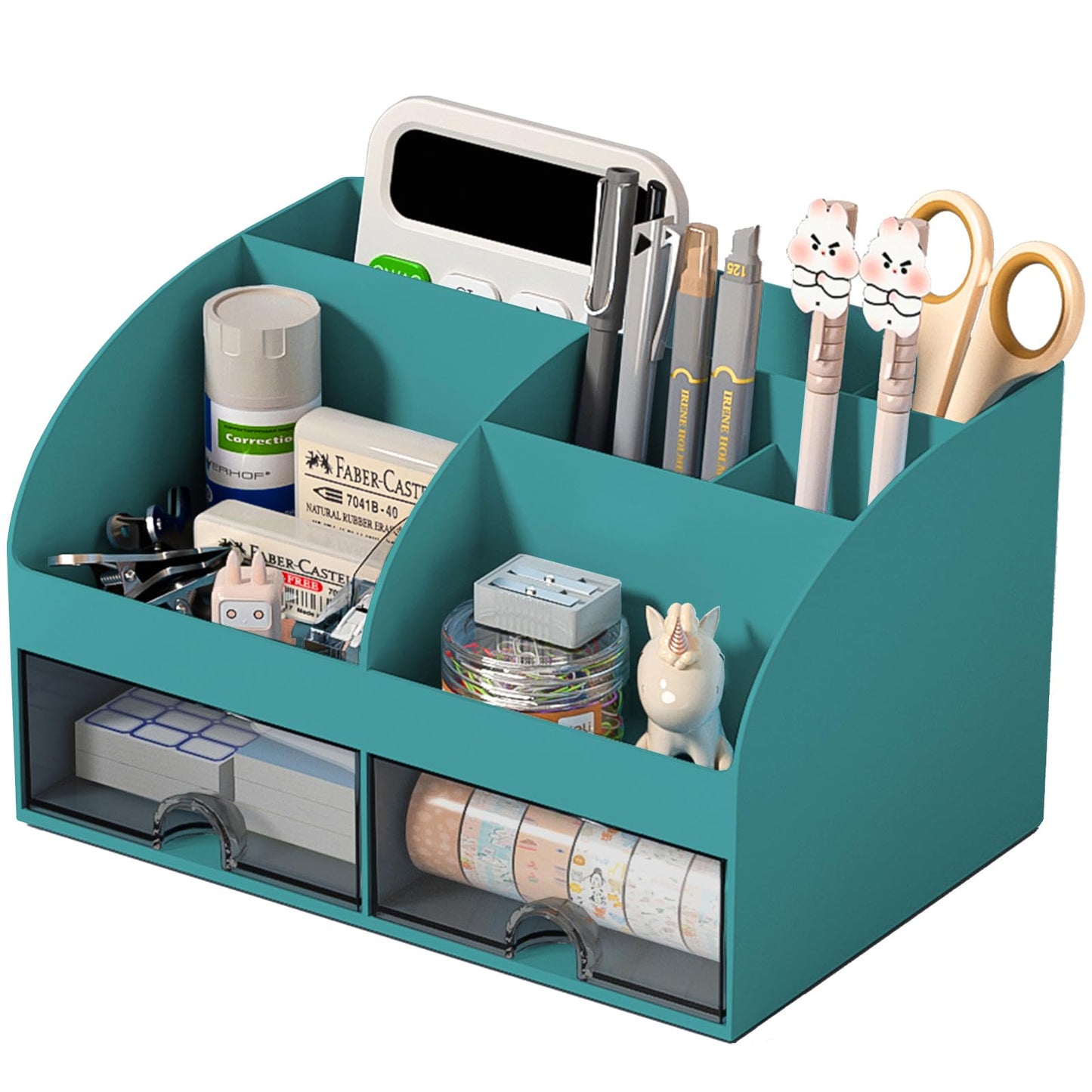 COMFYROOM Desk Organizer with 6 Compartments and 2 Drawers, Plastic Makeup Organizer, Pen Holder for Desktop Storage, Desk Organization for School, Home, Office Supplies (Dark Green)