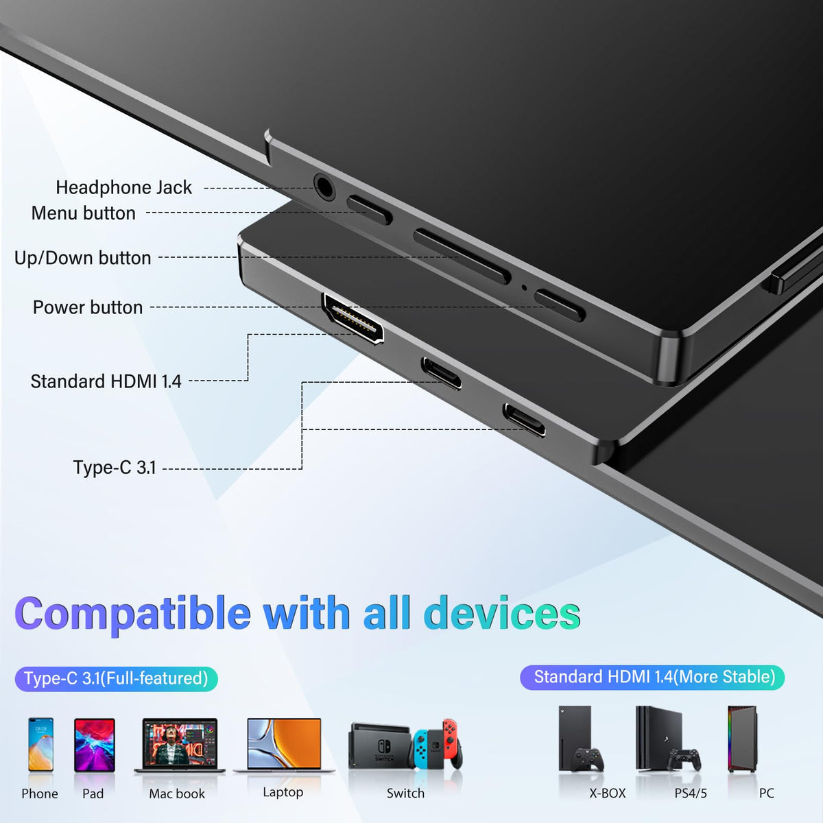 InnoView 15.6'' Portable Monitor for Laptop Built-in 90° Adjustable Stand Without Bag FHD 1080P USB-C Travel Monitors HDR IPS Portable Laptop Monitor for MacBook PC Xbox PS4/5 Switch