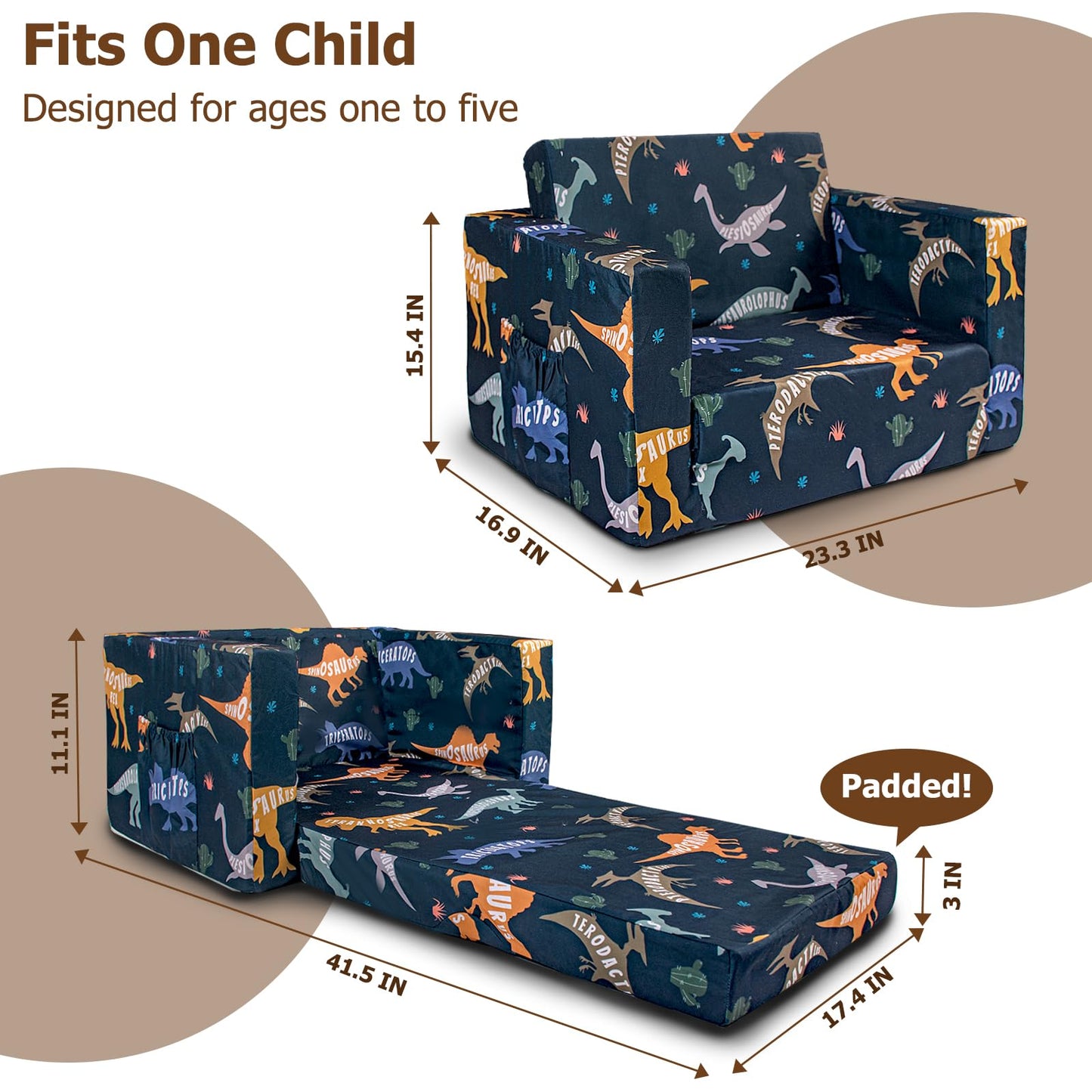 Beavtaens Kids Couch, 2-in-1 Kids Fold Out Couch, Convertible Kid Sofa to Lounger for Girls and Boys, Soft Toddler Chairs Comfy 1-3 Years Old (Dinosaur)