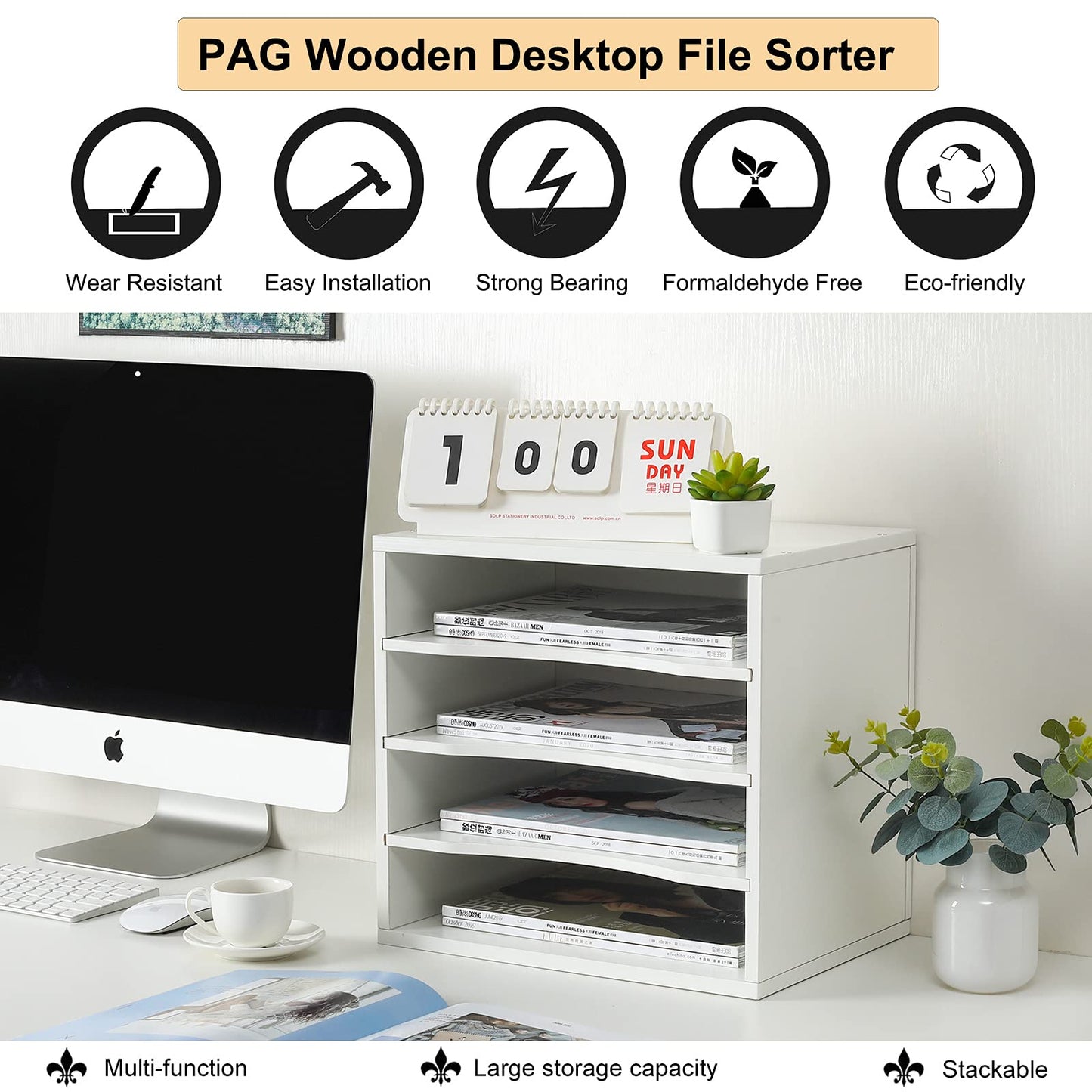 PAG Mail Sorter Organizer, Wood Countertop Literature Organizer, Office Supplies Desktop File Bill Paper Organizer for Office Home School, 4 Compartments, White