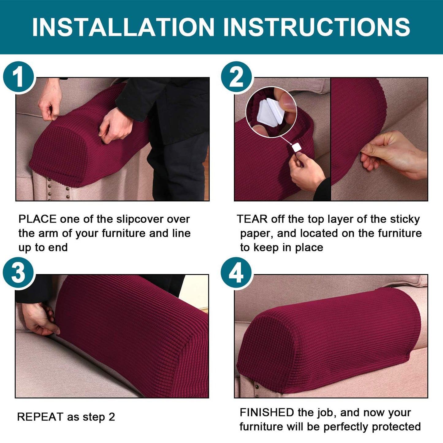Turquoize Stretch Armrest Covers for Chairs and Sofas Couch Arm Covers for Sofa Spandex Jacquard Armrest Cover Anti-Slip Furniture Protector Armchair Slipcovers for Recliner Set of 2,Burgundy