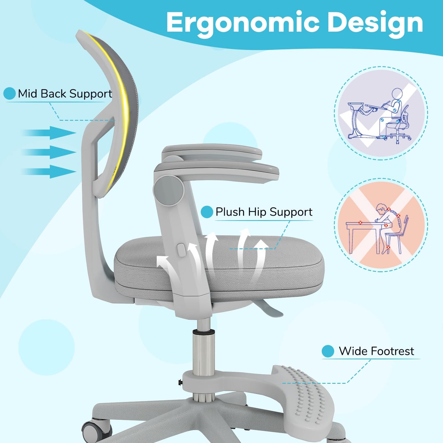Costzon Kids Desk Chair, Student Ergonomic Computer Chair with Wheels, Footrest, Adjustable Height, Flip-up Armrests & Soft Removable Cushion, Swivel Rolling Kids Office Chair for 3-15 (Gray)