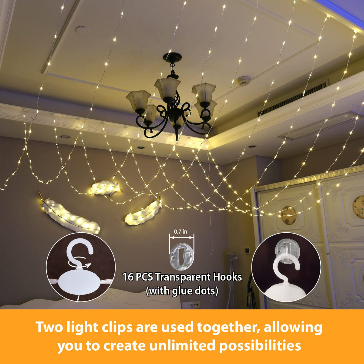 HXWEIYE 300LED Fairy Curtain Lights, 9.8x9.8Ft USB Plug-in 8 Modes Christmas String Hanging Lights with Remote for Bedroom Backdrop Wedding Indoor Wall Decor, Warm White, Tangle-Free – 1 Pack