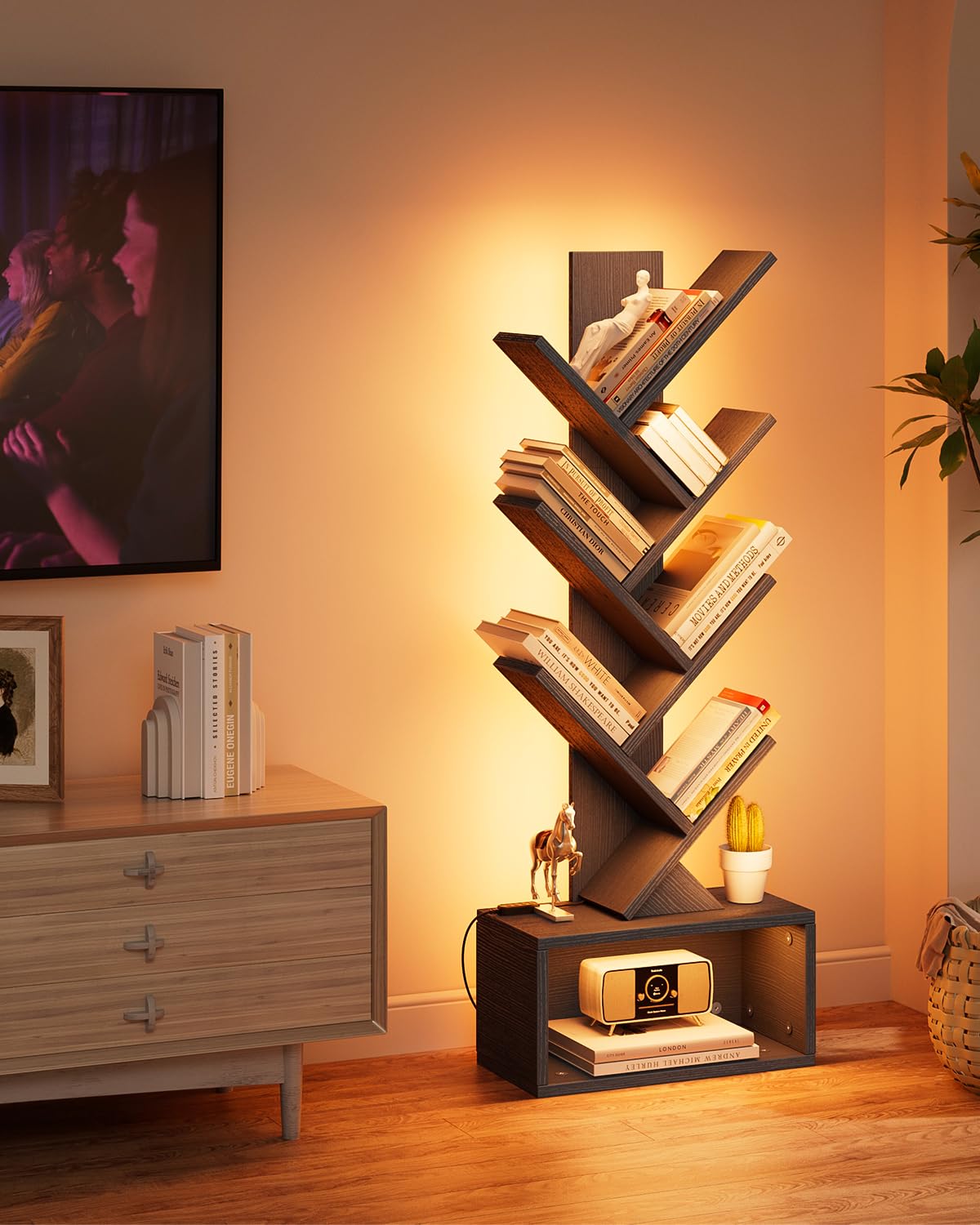 Evermagin 6 Tier Tree Bookshelf with Lights, LED Book Tree Bookcase with Storage Organizer, Small Corner Bookshelf Floor Standing Book Shelf for Living Room, Bedroom & Home Office, Black