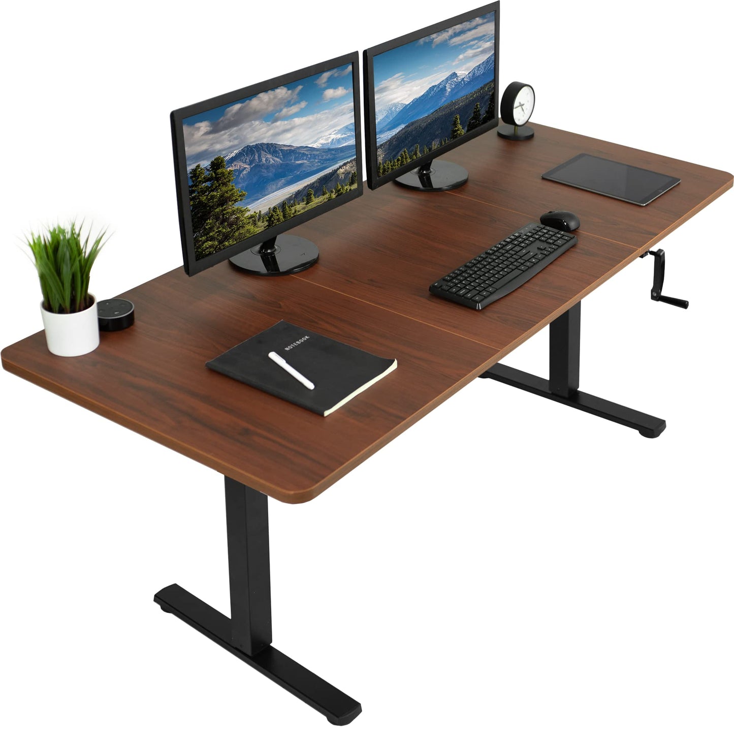 VIVO Manual Height Adjustable 71 x 30 inch Stand Up Desk, Dark Walnut Table Top, Black Frame, Standing Workstation with Foldable Handle, DESK-KIT-MB7D