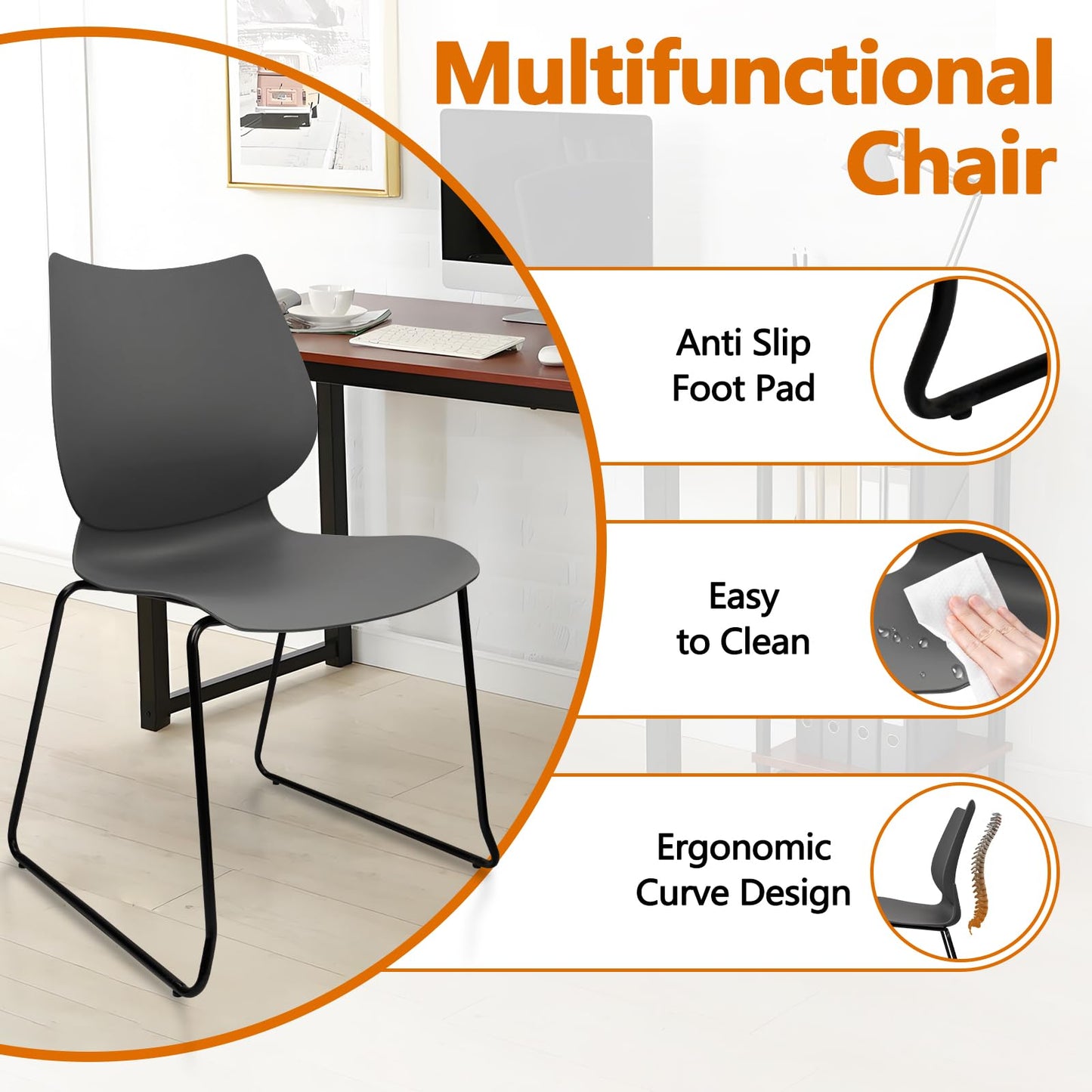 KLASIKA Stacking Waiting Room Chairs, Stacked Plastic Office Chair with Ergonomic Lumbar Support and Metal Legs for Conference School Church Guest Reception Set of 4, Grey