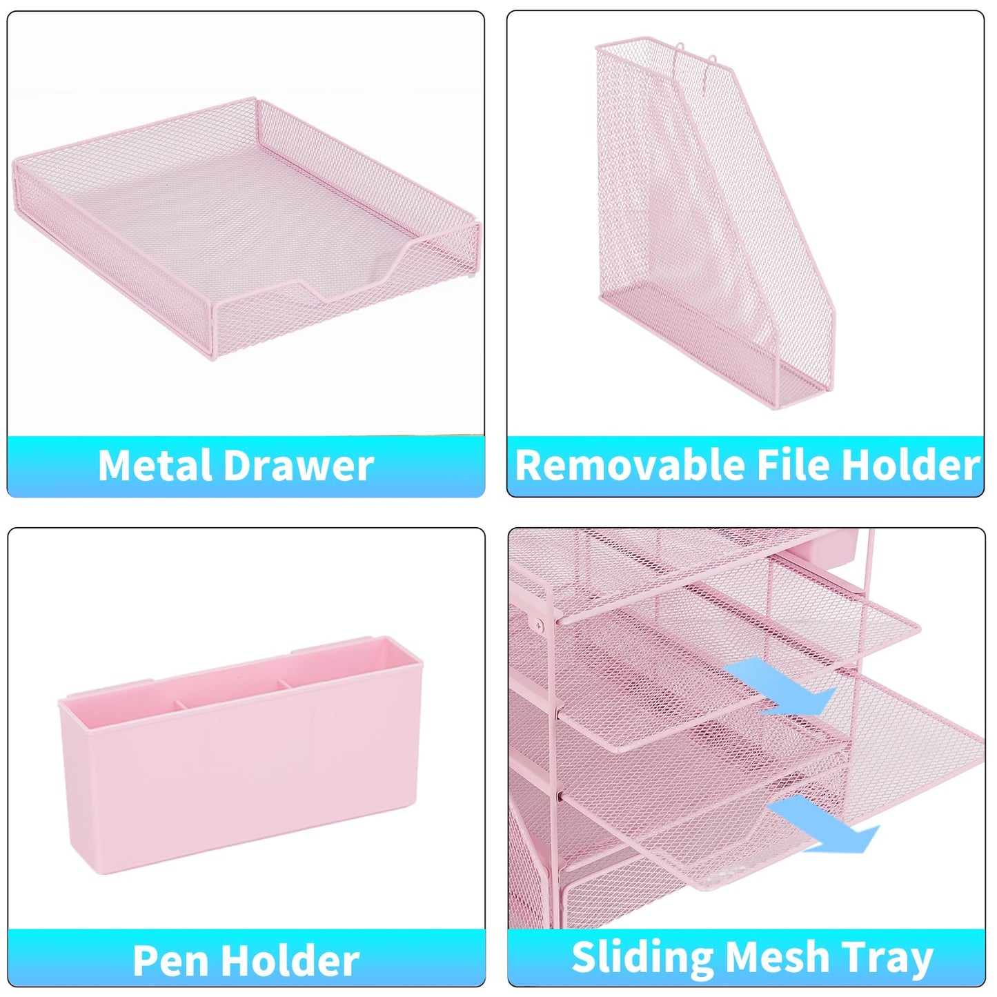 Gugsey Desk Organizers and Accessories, 5-Tier Paper Letter Tray Organizer with File Holder, Drawer & Pen Holder, Office Desk Accessories, Desktop Organizer for Classroom Office Supplies, Pink