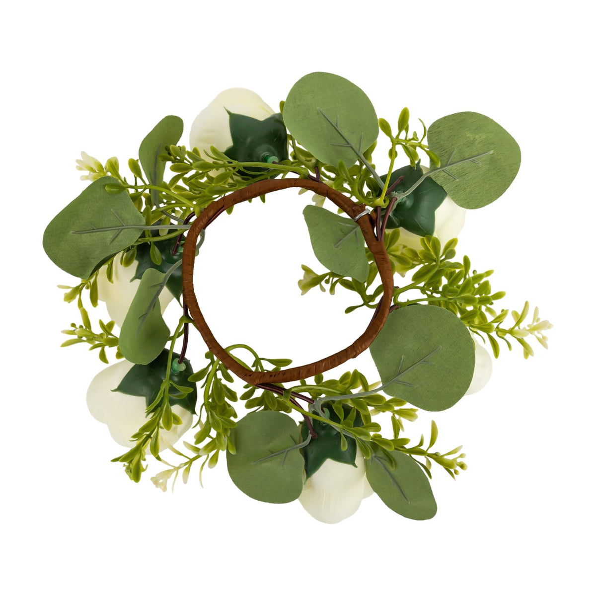 Candle Rings Wreath Centerpieces 10Pcs Cream Rose Candle Floral Wreaths 8.27In Artificial Flowers Rings Wedding Party Decor (Cream, Green)