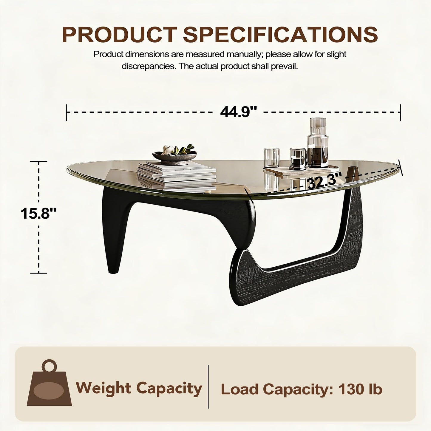 DESYIFO Morden Coffee Table, 44.9″×32.3″×15.8″ Coffee Tables for Living Room, with Triangle Tempered Glass Top & Wood, Abstract