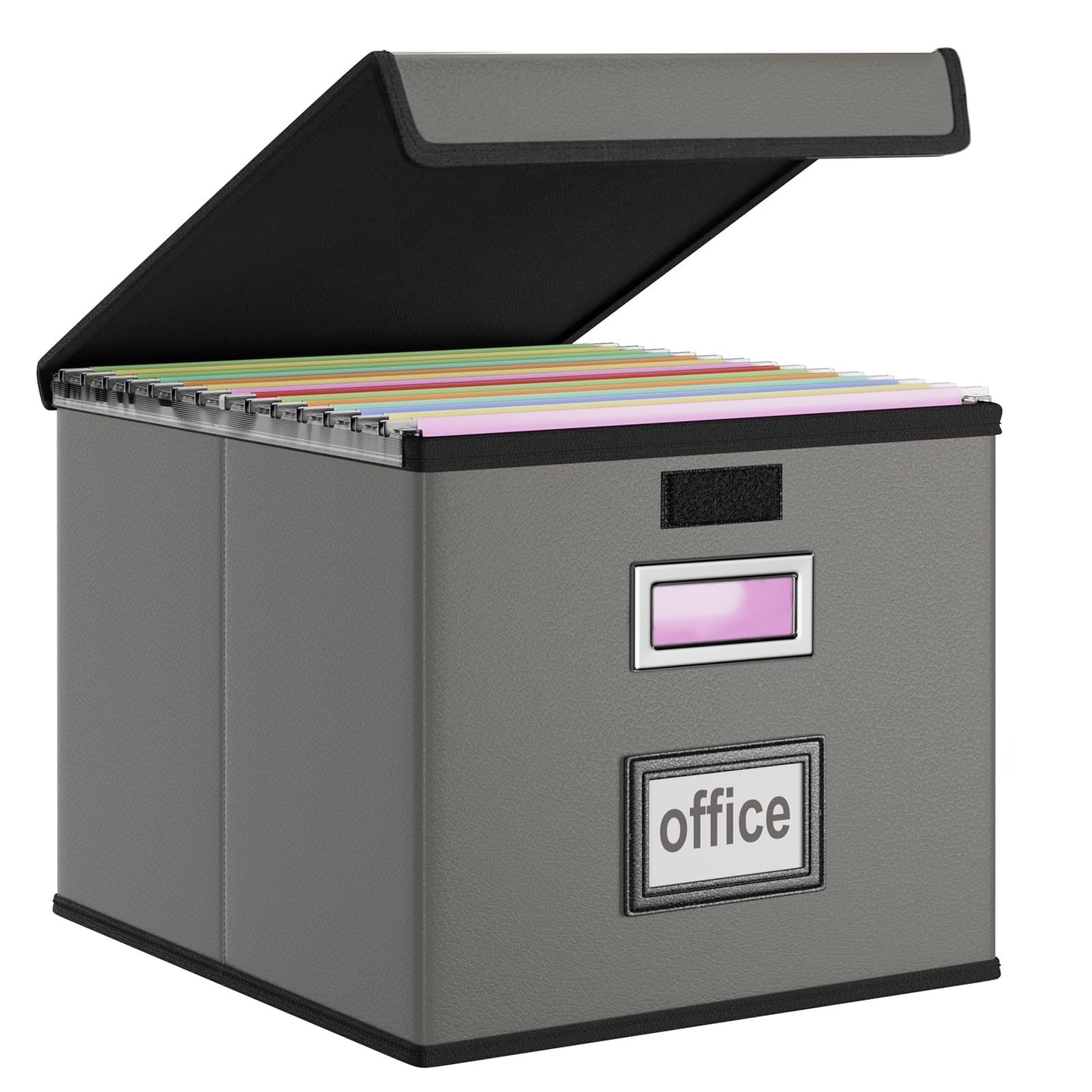 Huolewa Faux Leather File Organizer Box with Lid, Collapsible Hanging File Folder Box Organizer with Plastic Slides, Decorative Home/Office Filing System Boxes for File and Folders Storage