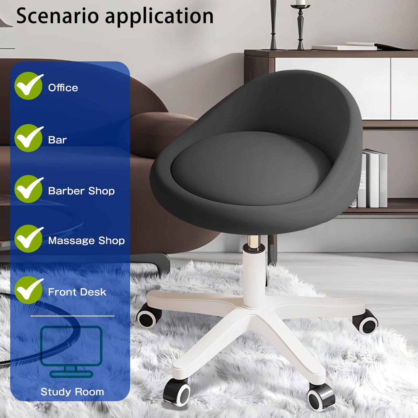 Timbertouch Rolling Stool – Ergonomic Swivel Seat, Adjustable Height, Ultra-Quiet Wheels, Padded PU Leather Cushion, for Salon, Office, Massage & Medical Use Black sap1