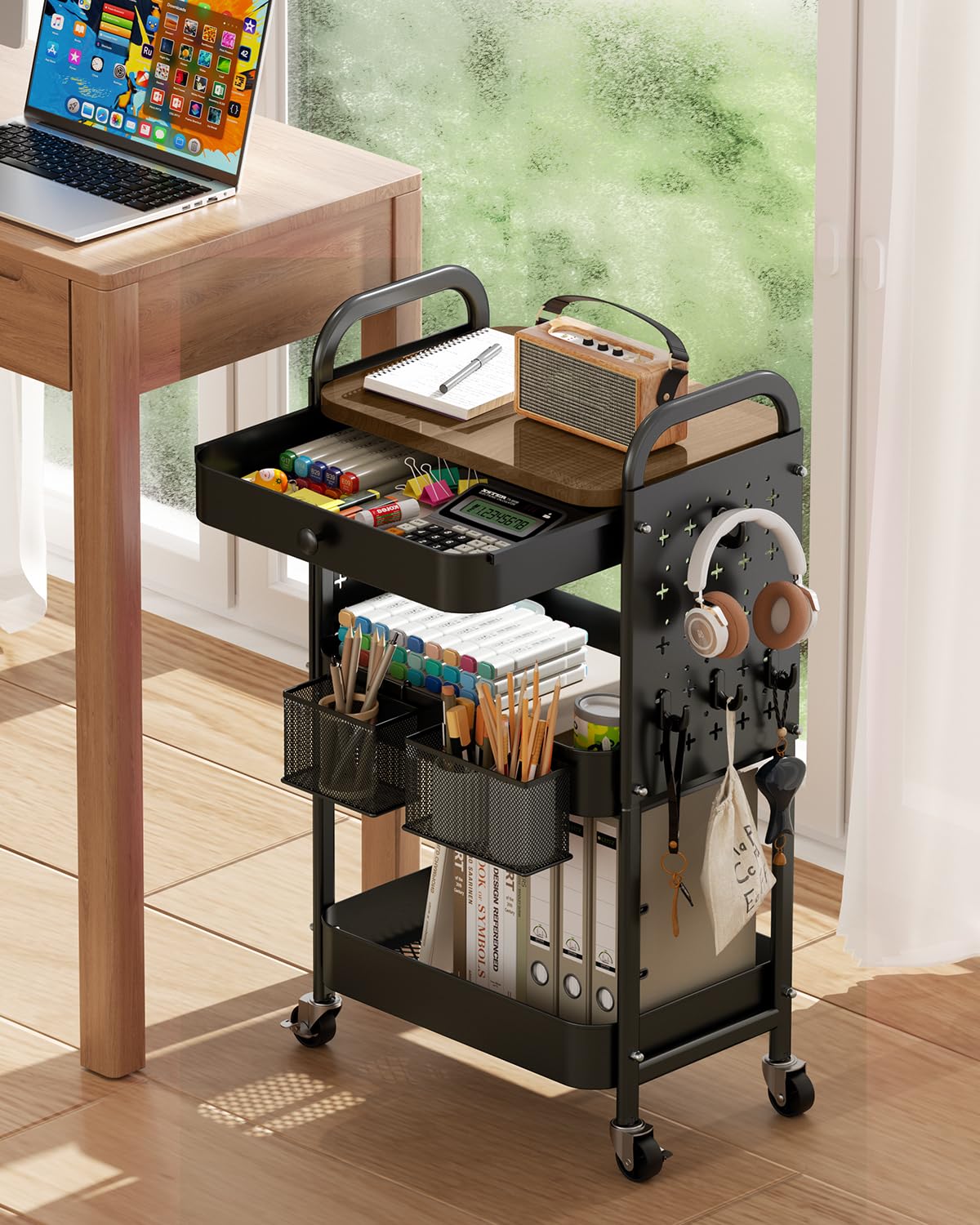 ALVOROG Rolling Cart with Drawer and Wood Table Top, 3 Tier Metal Rolling Utility Cart on Wheels with DIY Pegboards, Hanging Baskets, Hooks for Bedroom,Office,Craft Supplies