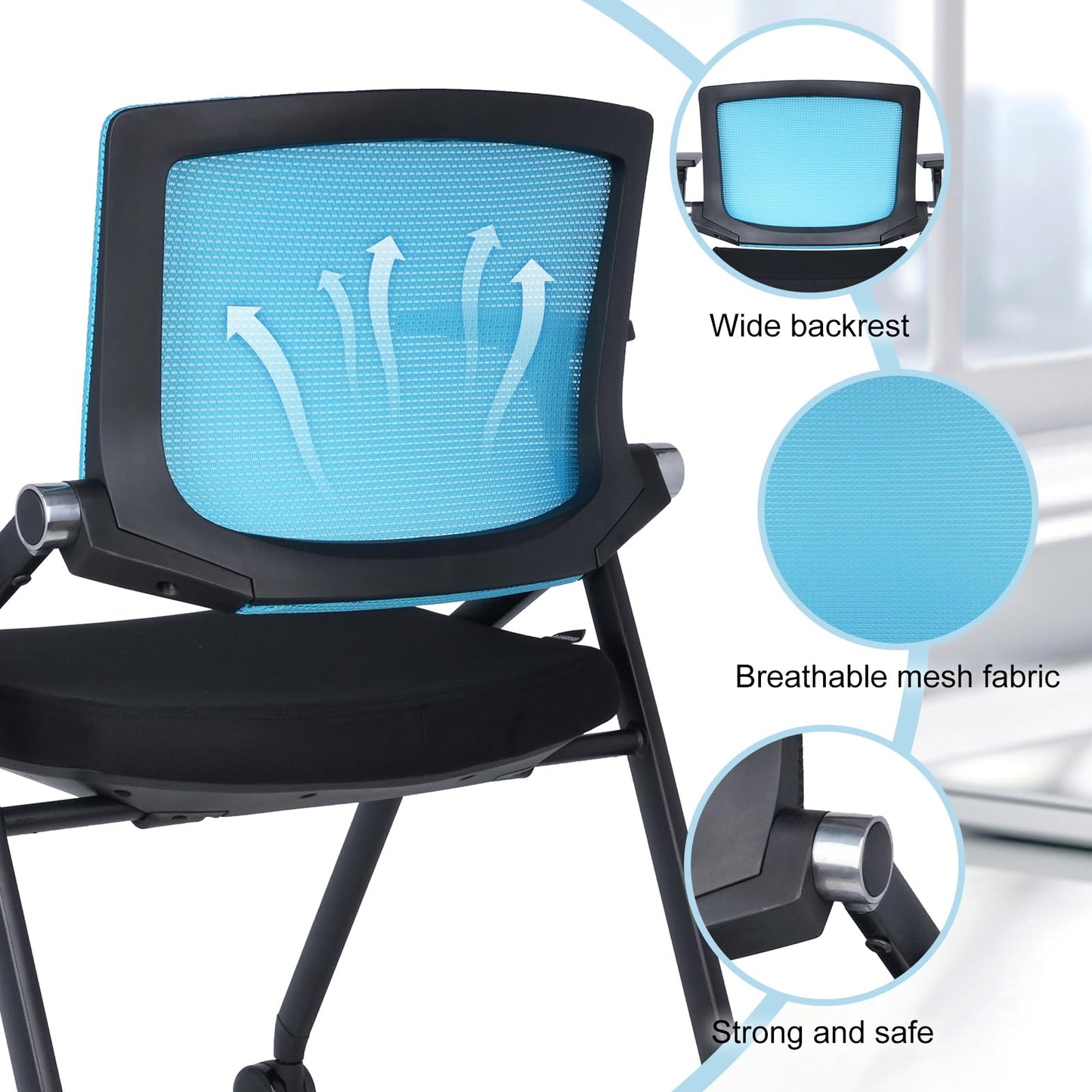 BROBRIYO Upgraded Folding Chair with Wheels and Padded, Ergonomic Mesh Back and Arms for Office, Meetings, Conferences, Receptions, Training Rooms & Folding Office Chairs