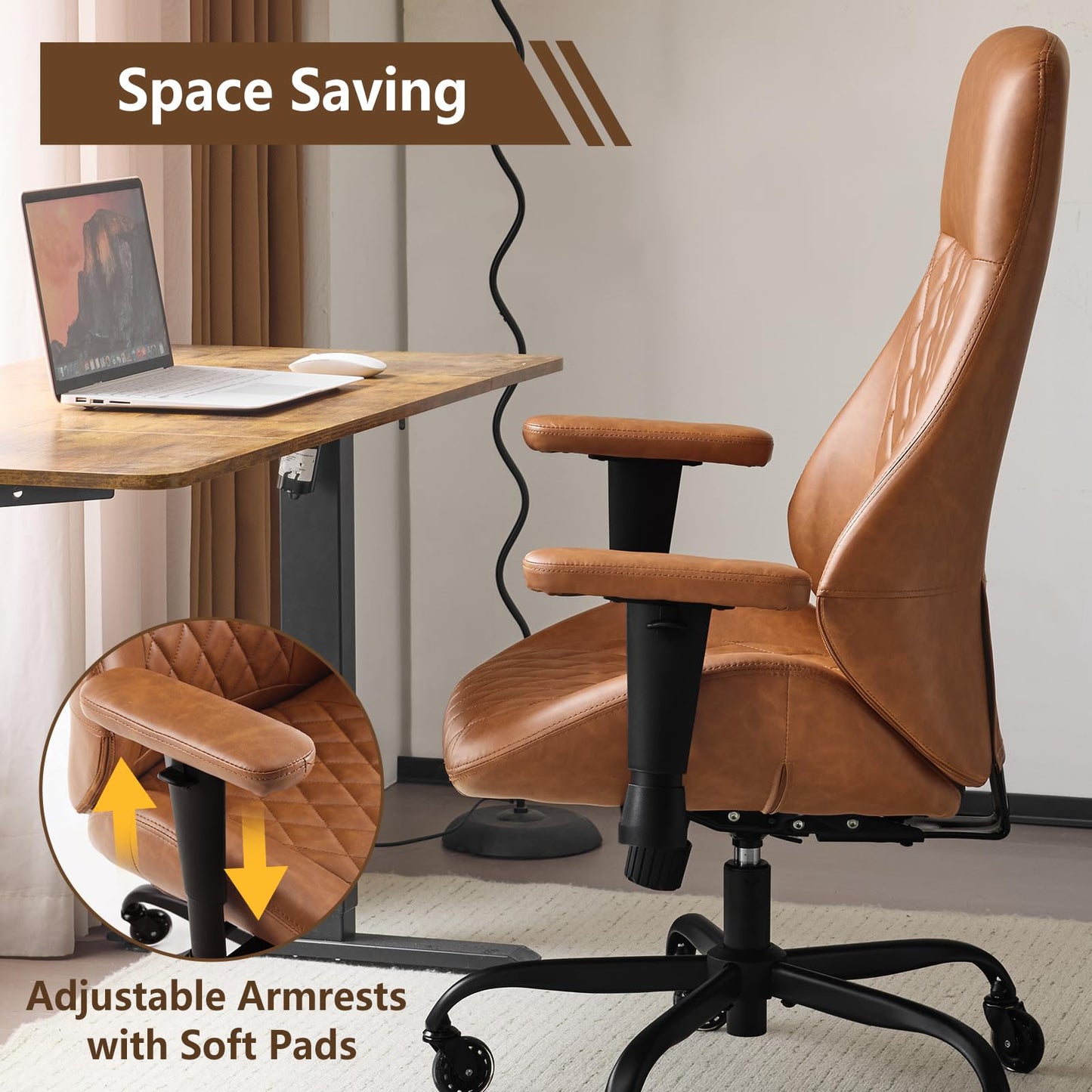 YFO Home Office Desk Chair High Back Office Rubber Casters Ergonomic Computer Chair with Lumbar Support Adjustable Height Rolling Swivel Chair Executive Task Armrests， Brown Leather