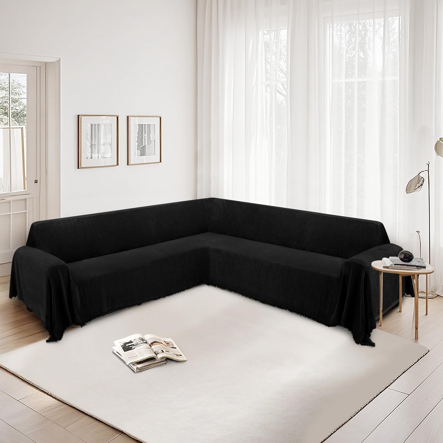 HDCAXKJ Corner Sectional Couch Covers for Dogs L Shape Sofa Cover with Tassel Chenille Soft Non Slip U Shaped Couch Cover Blanket Washable Sectional Slipcover Protector (Charcoal Black, 91x276 inch)